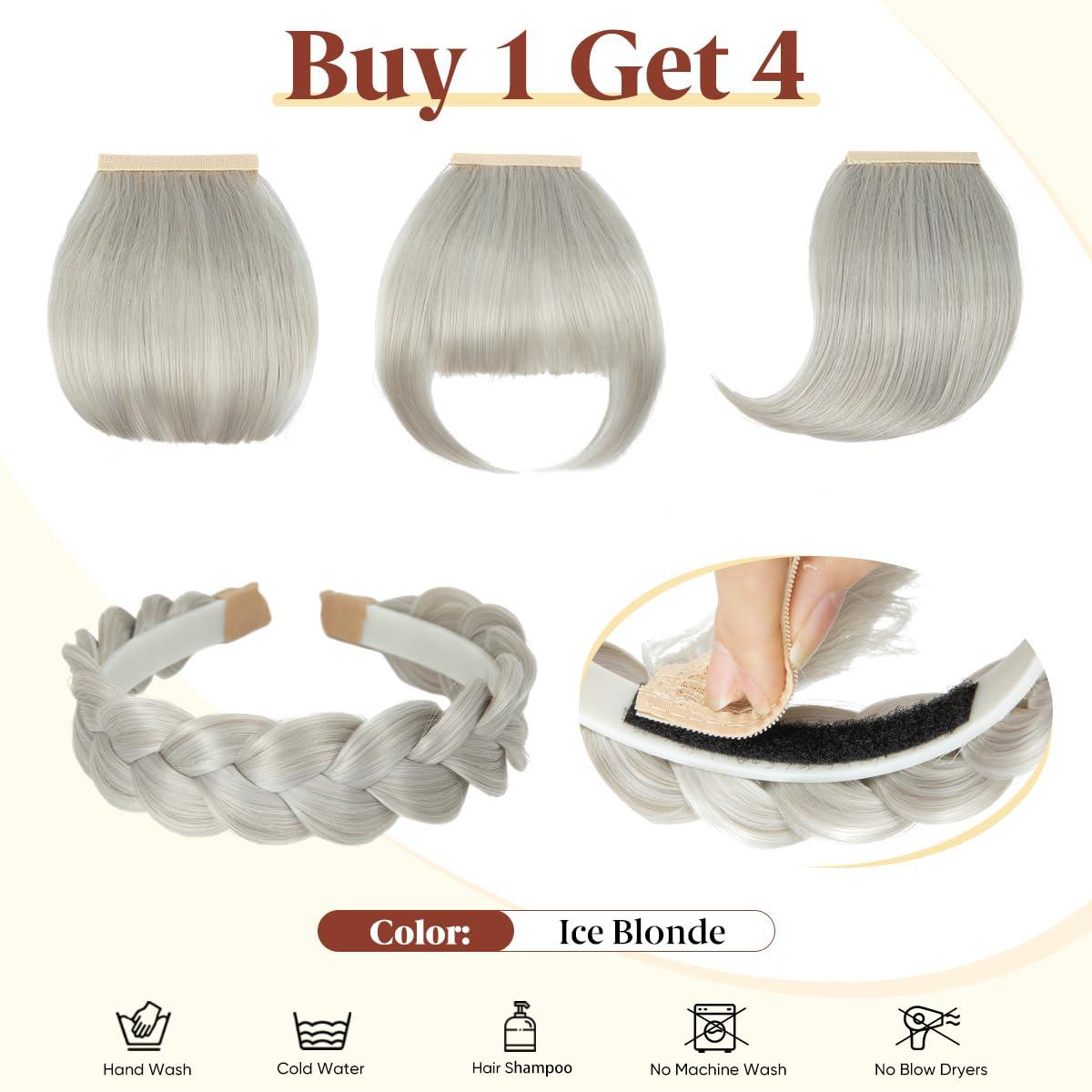 imageSARLA Braided Headband with 3 Detachable Clip in Bangs Fringe Hairpieces Fake Synthetic Hair Band Bangs for Women Coffee BrownIce Blonde