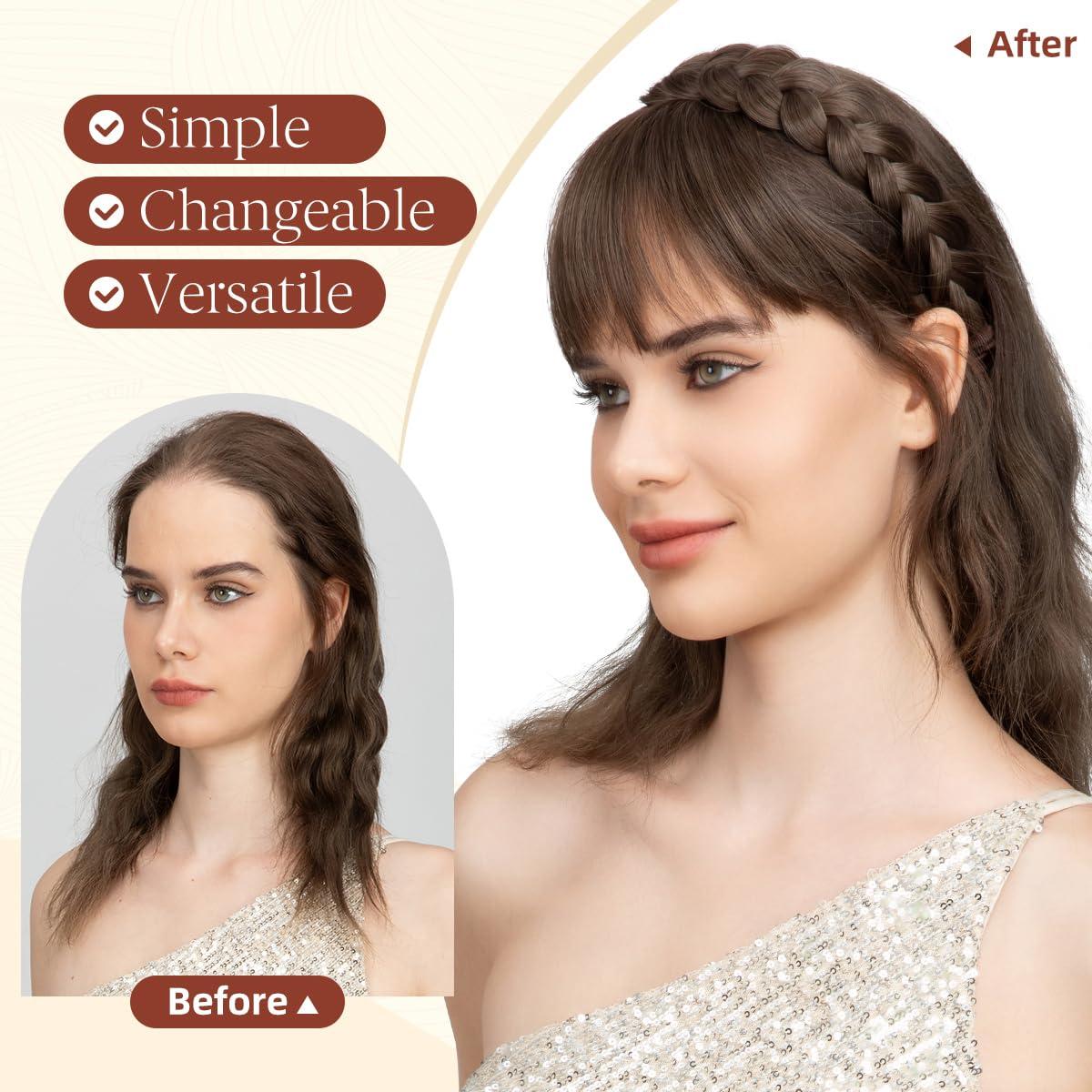 imageSARLA Braided Headband with 3 Detachable Clip in Bangs Fringe Hairpieces Fake Synthetic Hair Band Bangs for Women Coffee BrownRed Vivo