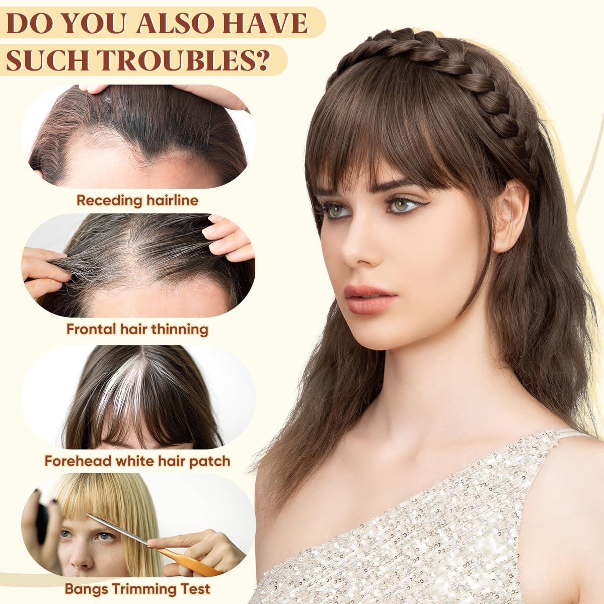 imageSARLA Braided Headband with 3 Detachable Clip in Bangs Fringe Hairpieces Fake Synthetic Hair Band Bangs for Women Coffee BrownTizian Red
