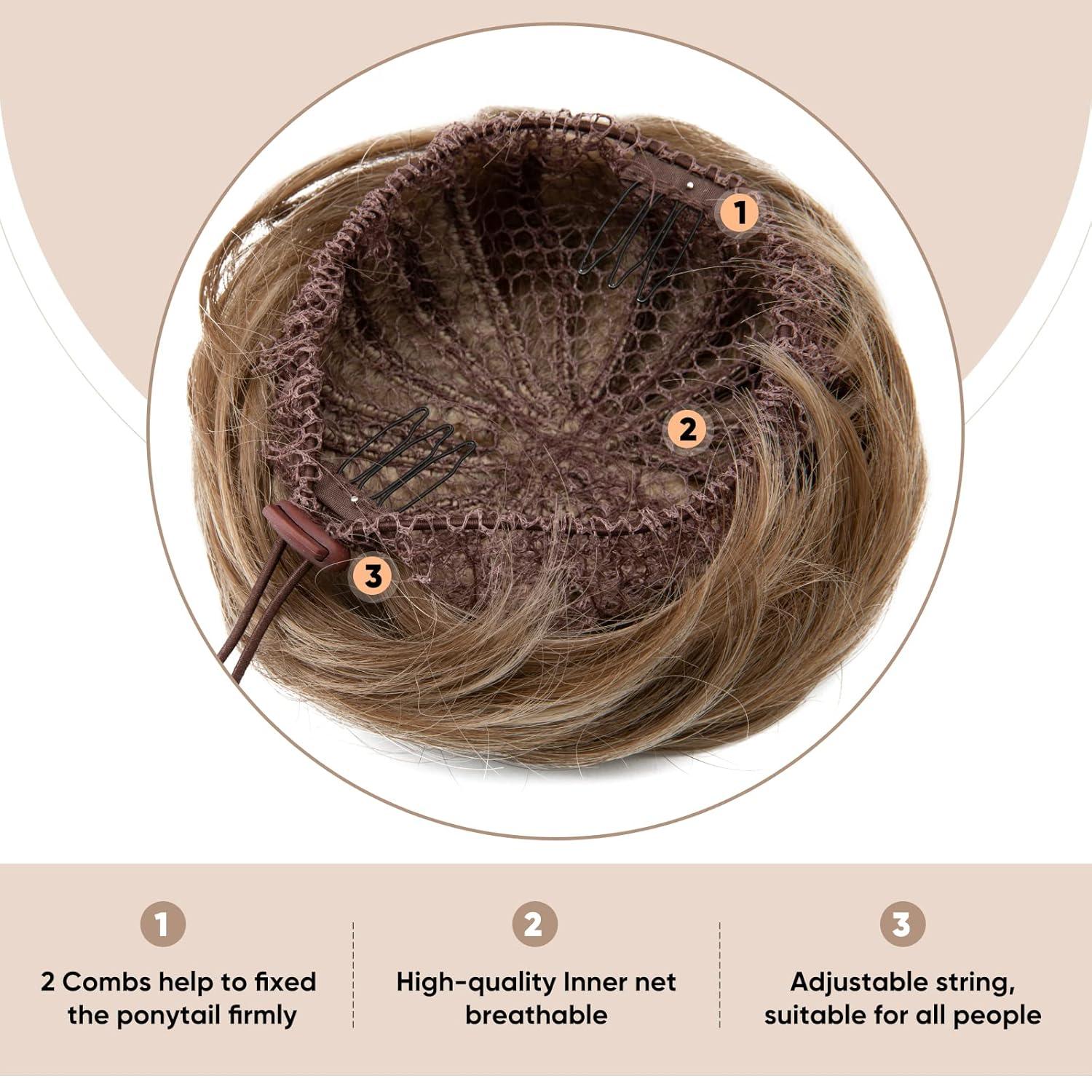 imageSARLA Dark Brown Hair Buns Extension Drawstring Updo Donut Chignon Straight Synthetic Fake Ballet Bun for Women Lady 1 PcsAsh Medium BrownAsh Blonde