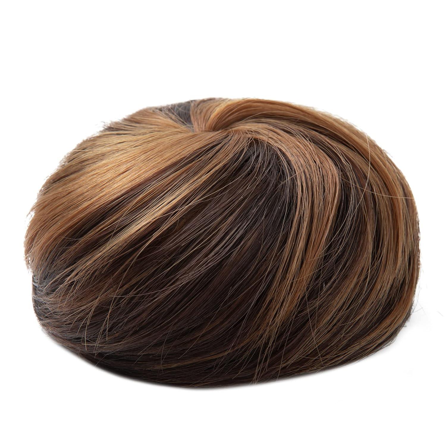 imageSARLA Dark Brown Hair Buns Extension Drawstring Updo Donut Chignon Straight Synthetic Fake Ballet Bun for Women Lady 1 PcsDark BrownGolden