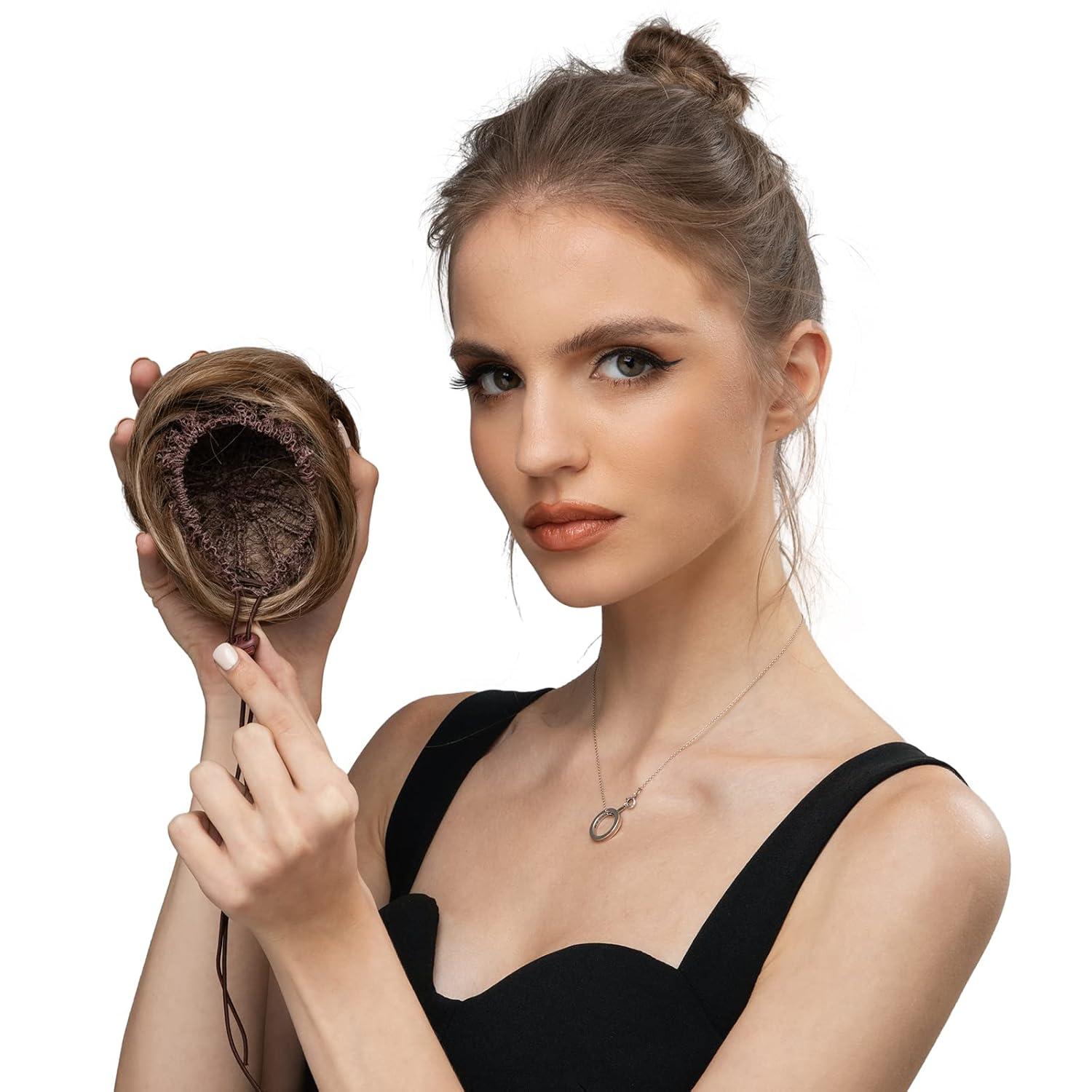 imageSARLA Dark Brown Hair Buns Extension Drawstring Updo Donut Chignon Straight Synthetic Fake Ballet Bun for Women Lady 1 PcsDark BrownGolden