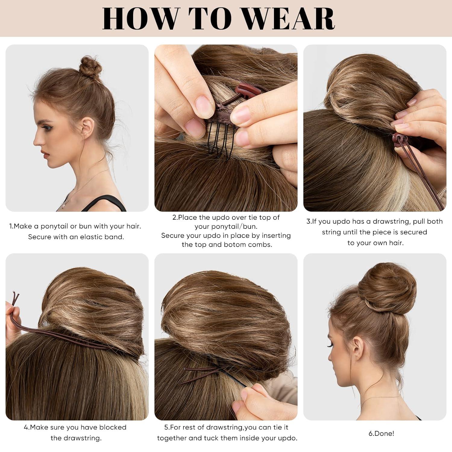 imageSARLA Dark Brown Hair Buns Extension Drawstring Updo Donut Chignon Straight Synthetic Fake Ballet Bun for Women Lady 1 PcsRed Vino