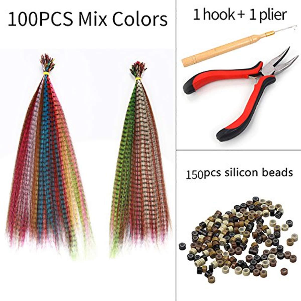 imageSARLA Feather Hair Extensions Kit Synthetic 16 Inch 100 Pcs Itip Hair Feathers for Women 10 Mixed Colors with Plier Hook Beads Heat Friendly Fiber100 pieces tools