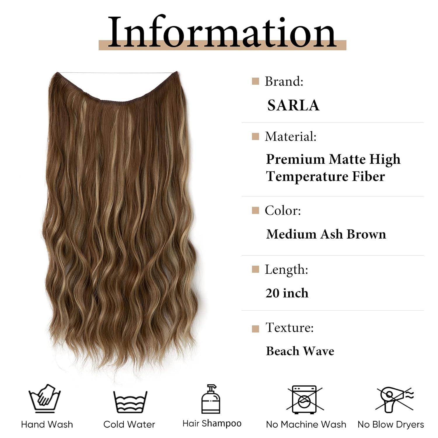 imageSARLA Invisible Wire Hair Extension with 3 Clips Synthetic Long Beach Wave Hairpiece Transparent Adjustable Headband for Women 24 Inch Medium Ash BrownMedium Ash Brown