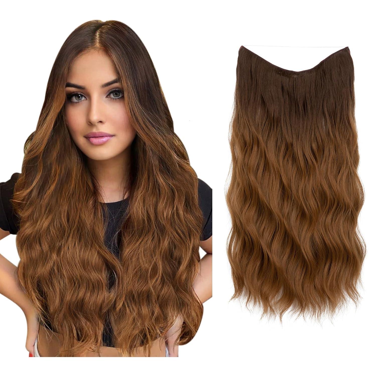 imageSARLA Invisible Wire Hair Extension with 3 Clips Synthetic Long Beach Wave Hairpiece Transparent Adjustable Headband for Women 24 Inch Medium Ash BrownBrown to Golden