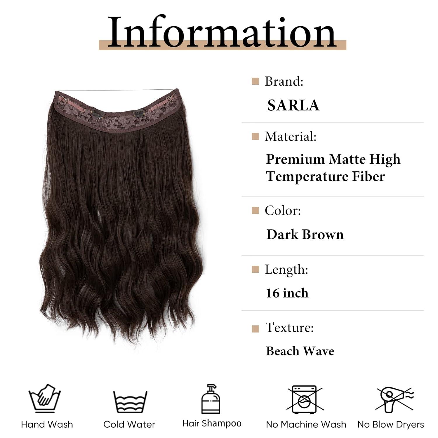 imageSARLA Invisible Wire Hair Extension with 3 Clips Synthetic Long Beach Wave Hairpiece Transparent Adjustable Headband for Women 24 Inch Medium Ash BrownDark Brown