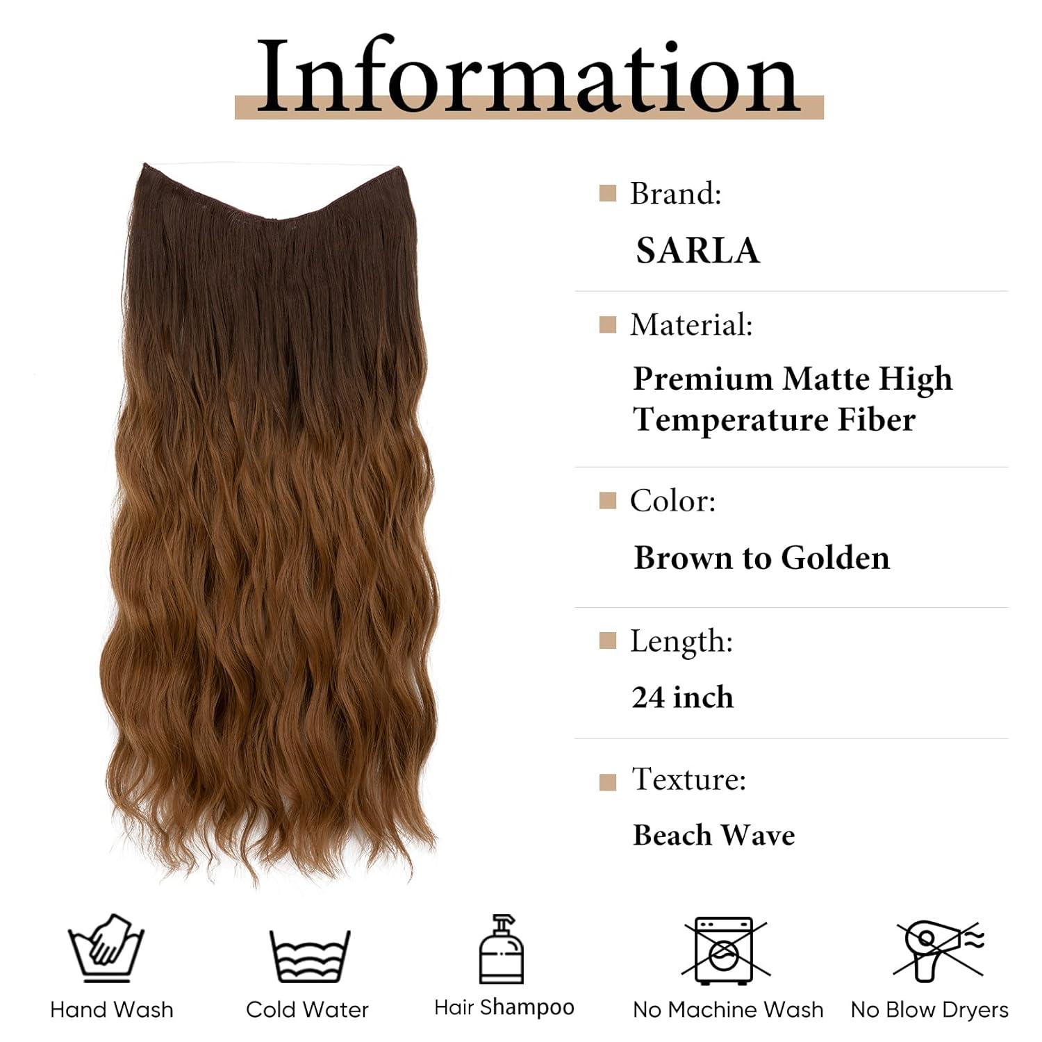 imageSARLA Invisible Wire Hair Extension with 3 Clips Synthetic Long Beach Wave Hairpiece Transparent Adjustable Headband for Women 24 Inch Medium Ash BrownBrown to Golden