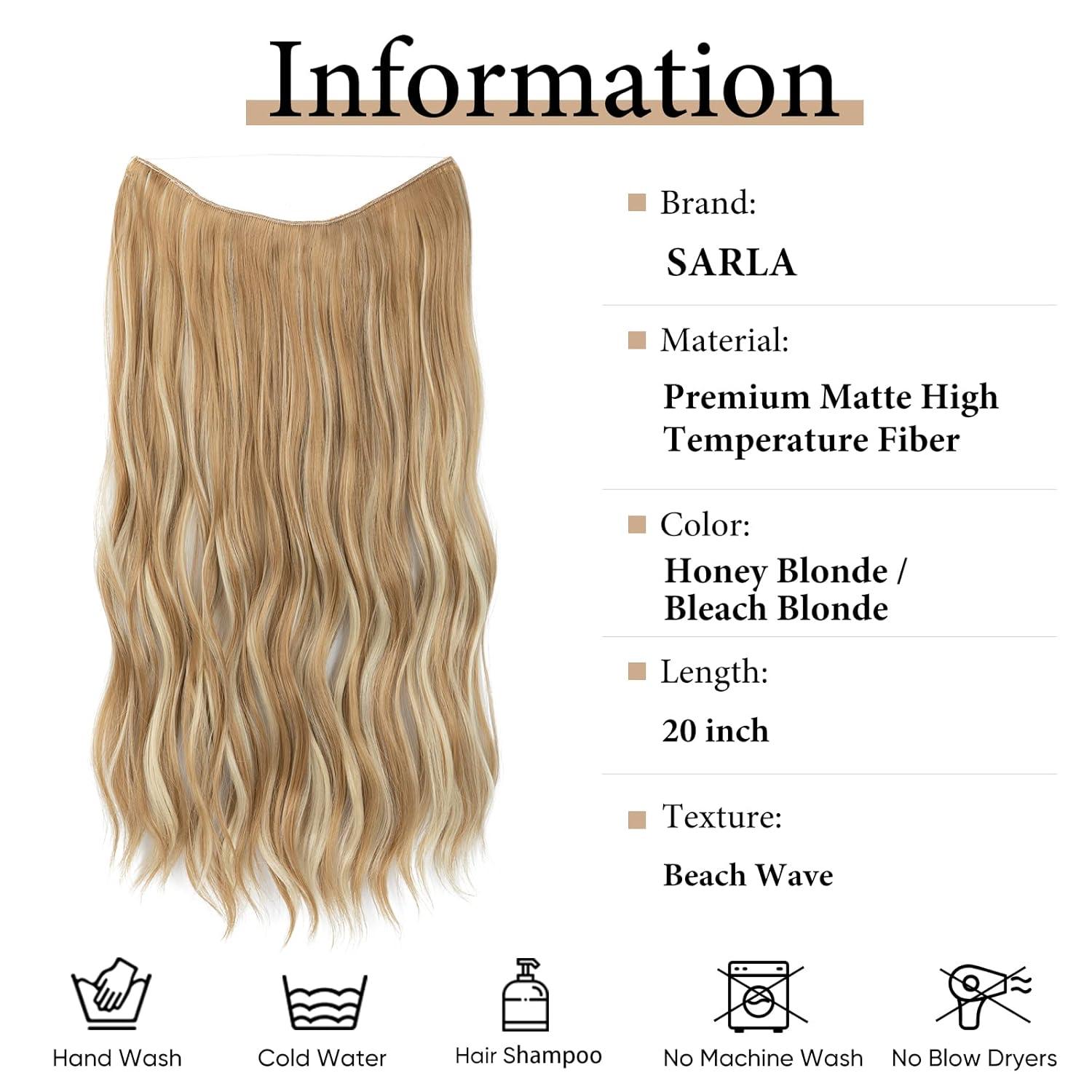 imageSARLA Invisible Wire Hair Extension with 3 Clips Synthetic Long Beach Wave Hairpiece Transparent Adjustable Headband for Women 24 Inch Medium Ash BrownHoney Blonde Bleach Blonde