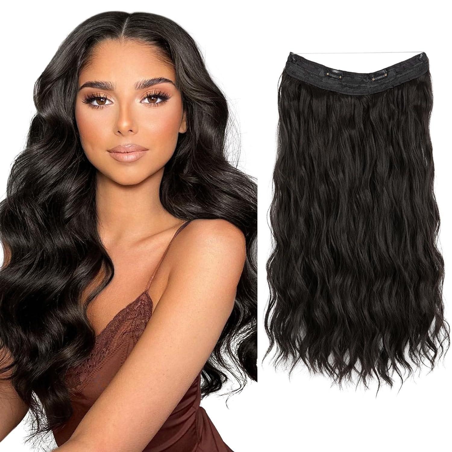 imageSARLA Invisible Wire Hair Extension with 3 Clips Synthetic Long Beach Wave Hairpiece Transparent Adjustable Headband for Women 24 Inch Medium Ash BrownBlack Brown