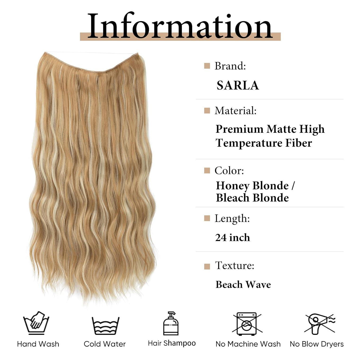 imageSARLA Invisible Wire Hair Extension with 3 Clips Synthetic Long Beach Wave Hairpiece Transparent Adjustable Headband for Women 24 Inch Medium Ash BrownHoney Blonde Bleach Blonde