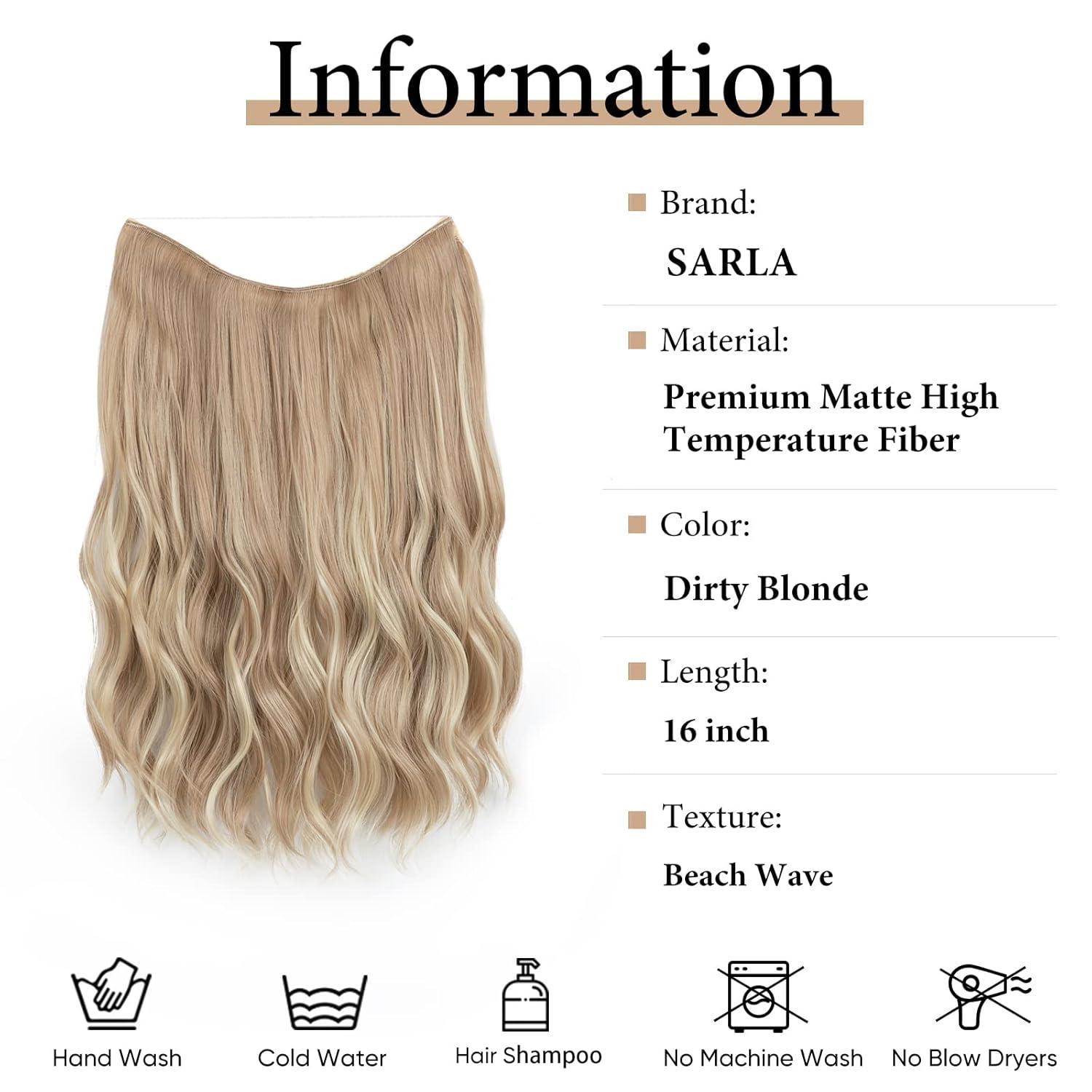 imageSARLA Invisible Wire Hair Extension with 3 Clips Synthetic Long Beach Wave Hairpiece Transparent Adjustable Headband for Women 24 Inch Medium Ash BrownDirty Blonde