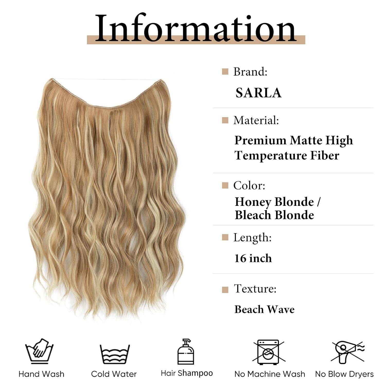 imageSARLA Invisible Wire Hair Extension with 3 Clips Synthetic Long Beach Wave Hairpiece Transparent Adjustable Headband for Women 24 Inch Medium Ash BrownHoney Blonde Bleach Blonde