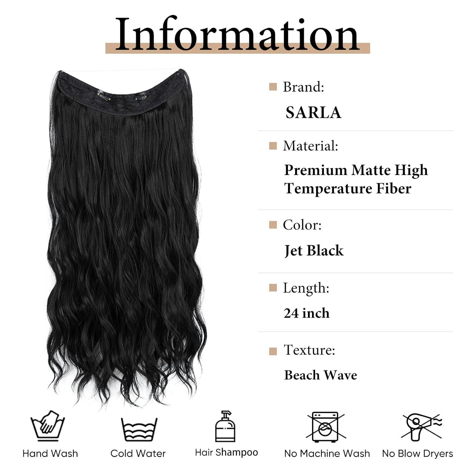 imageSARLA Invisible Wire Hair Extension with 3 Clips Synthetic Long Beach Wave Hairpiece Transparent Adjustable Headband for Women 24 Inch Medium Ash BrownJet Black
