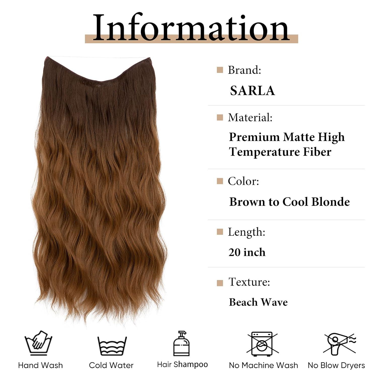 imageSARLA Invisible Wire Hair Extension with 3 Clips Synthetic Long Beach Wave Hairpiece Transparent Adjustable Headband for Women 24 Inch Medium Ash BrownBrown to Golden