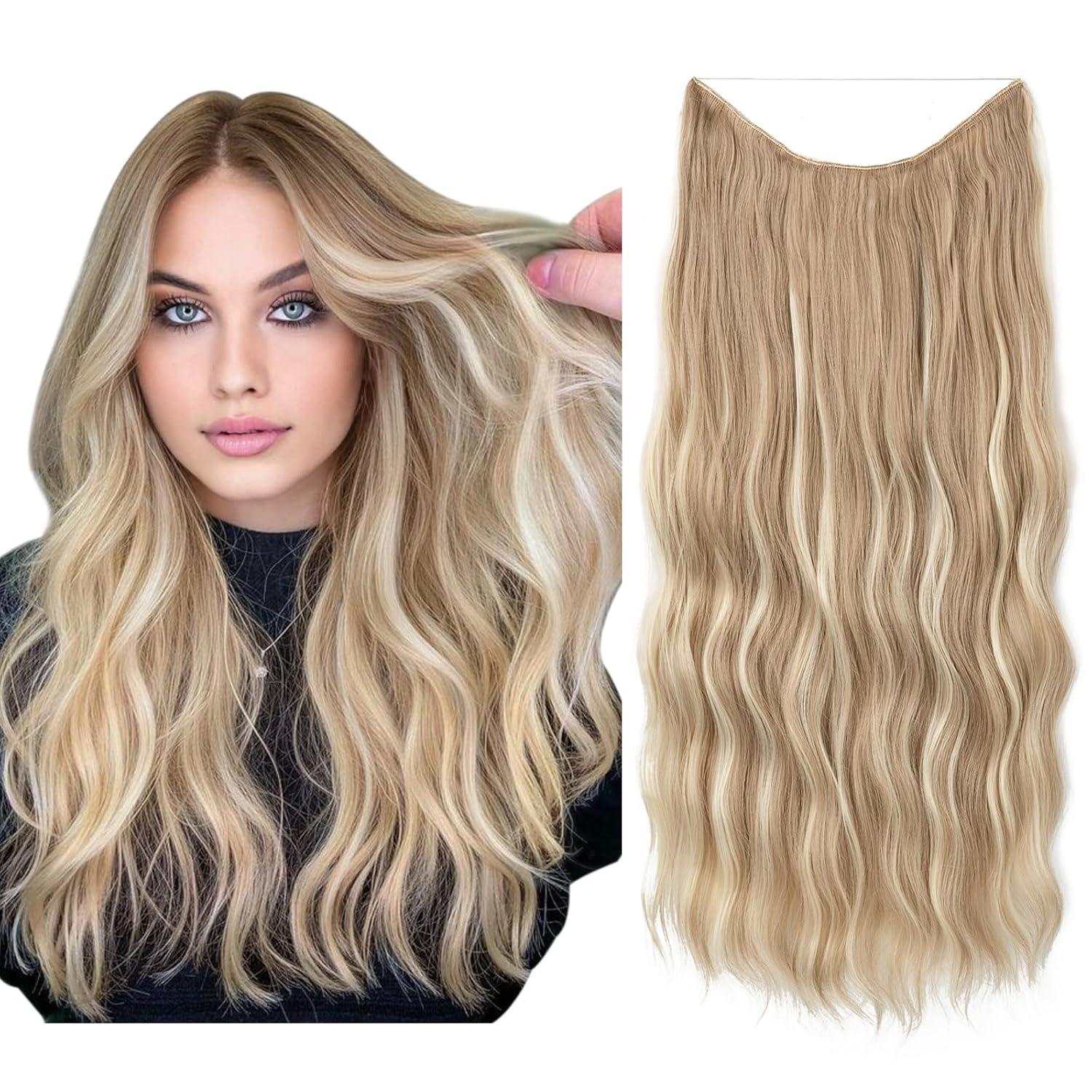 imageSARLA Invisible Wire Hair Extension with 3 Clips Synthetic Long Beach Wave Hairpiece Transparent Adjustable Headband for Women 24 Inch Medium Ash BrownDirty Blonde