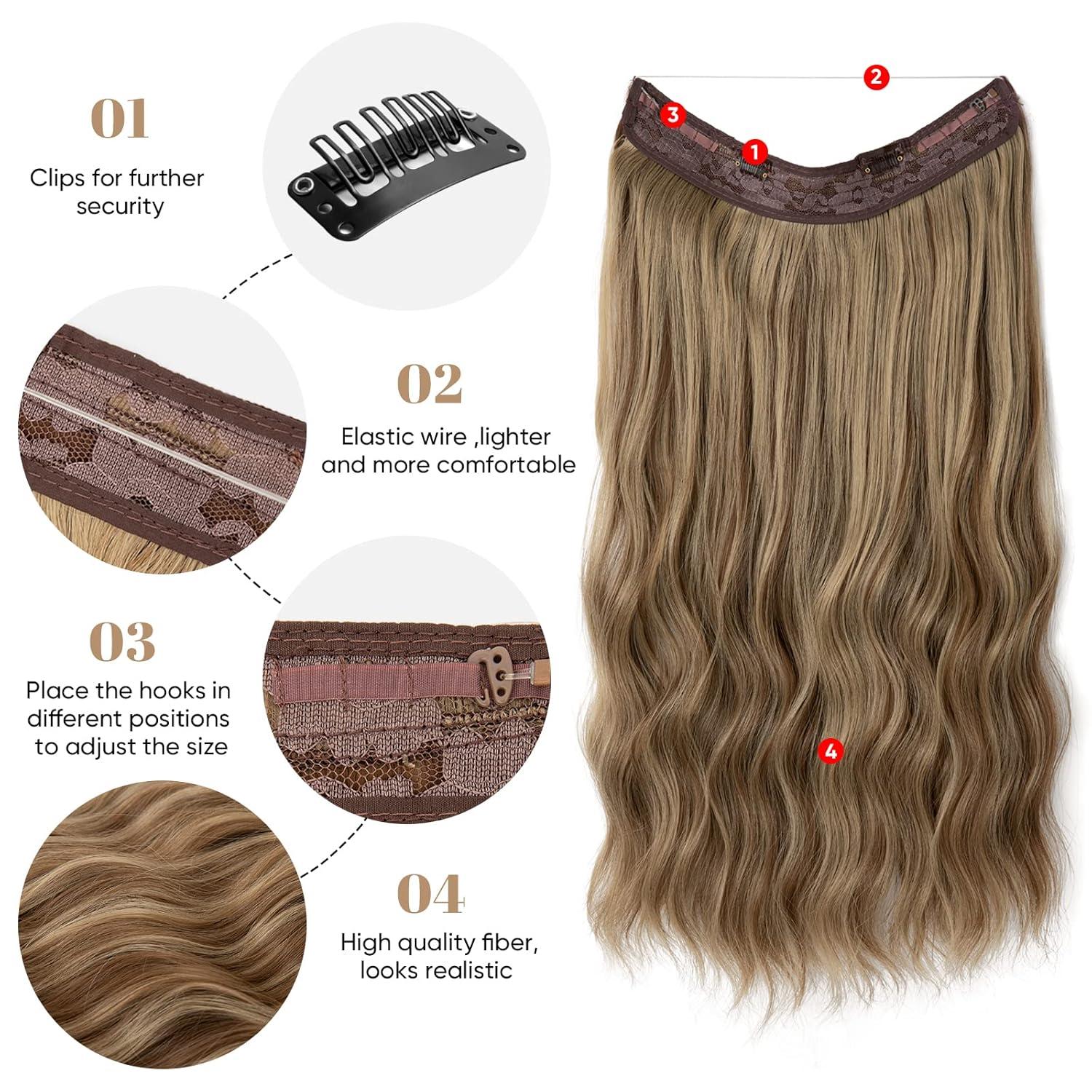 imageSARLA Invisible Wire Hair Extension with 3 Clips Synthetic Long Beach Wave Hairpiece Transparent Adjustable Headband for Women 24 Inch Medium Ash BrownBrown to Golden