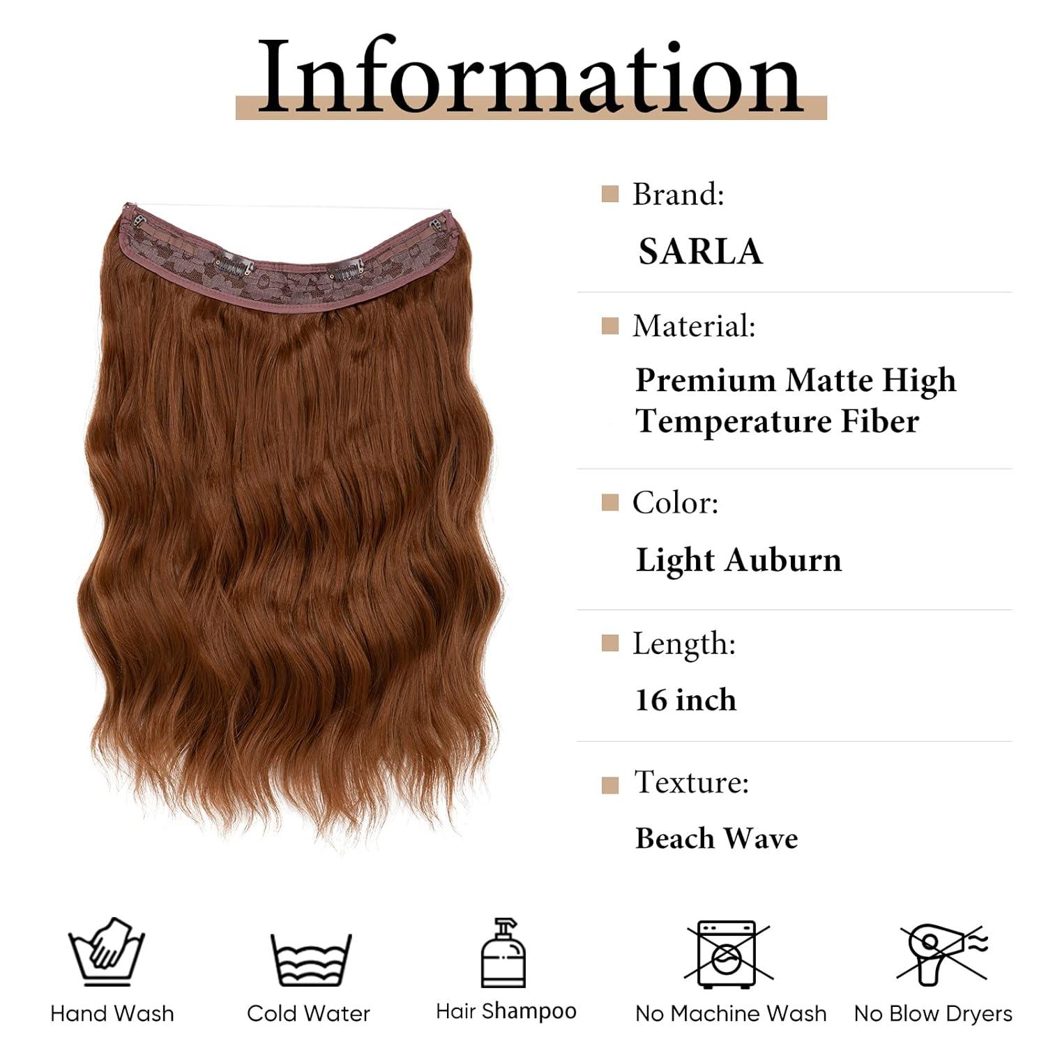 imageSARLA Invisible Wire Hair Extension with 3 Clips Synthetic Long Beach Wave Hairpiece Transparent Adjustable Headband for Women 24 Inch Medium Ash BrownLight Auburn
