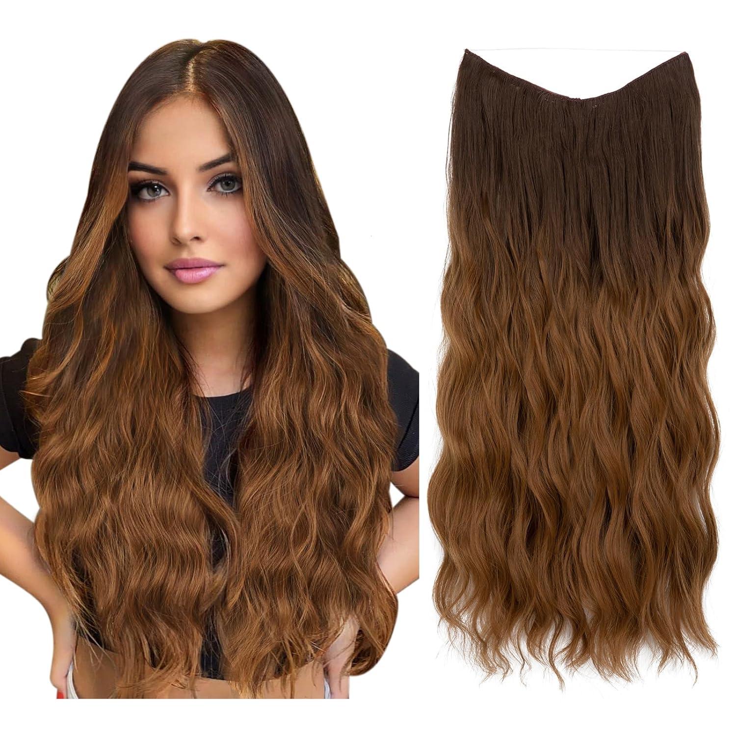 imageSARLA Invisible Wire Hair Extension with 3 Clips Synthetic Long Beach Wave Hairpiece Transparent Adjustable Headband for Women 24 Inch Medium Ash BrownBrown to Golden