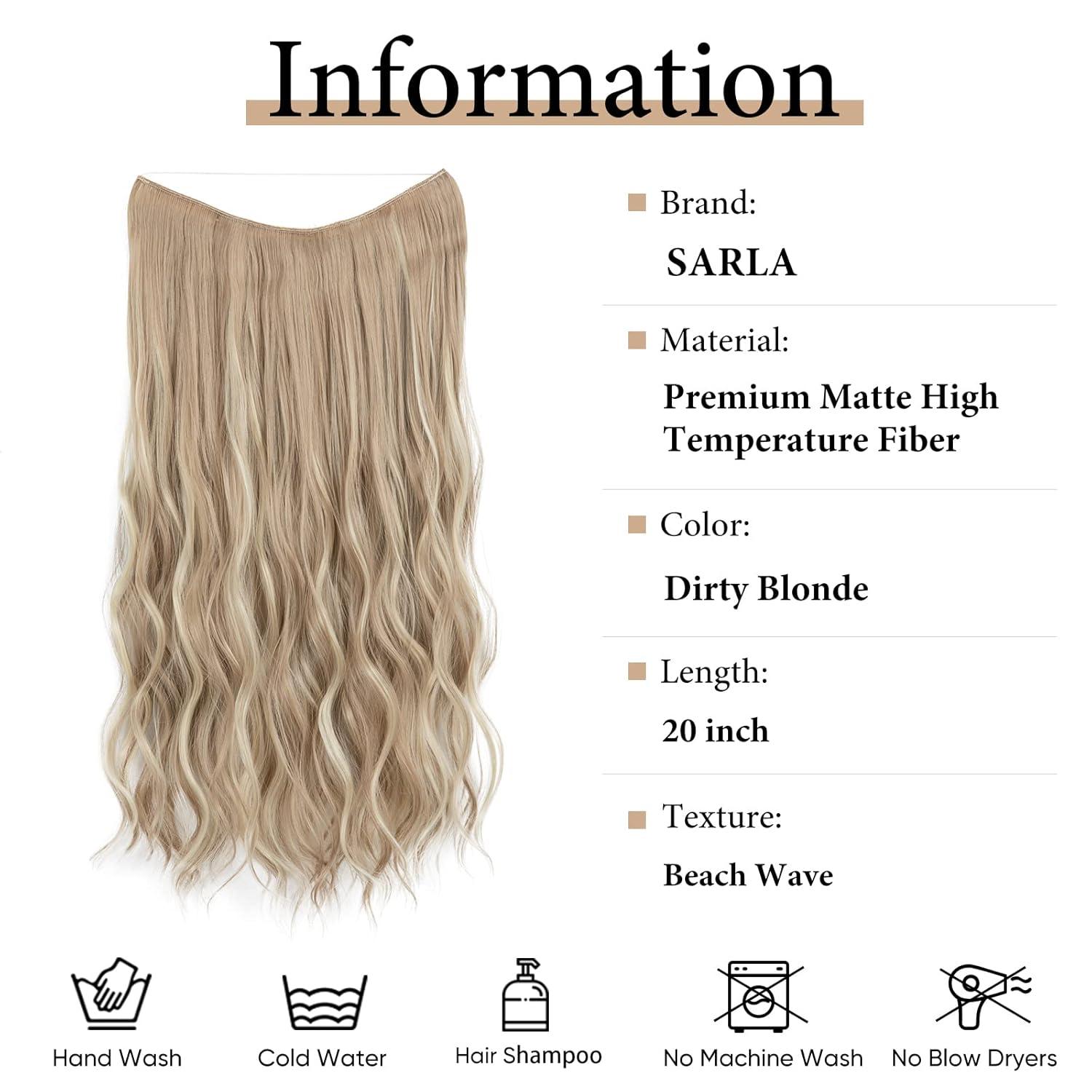 imageSARLA Invisible Wire Hair Extension with 3 Clips Synthetic Long Beach Wave Hairpiece Transparent Adjustable Headband for Women 24 Inch Medium Ash BrownDirty Blonde