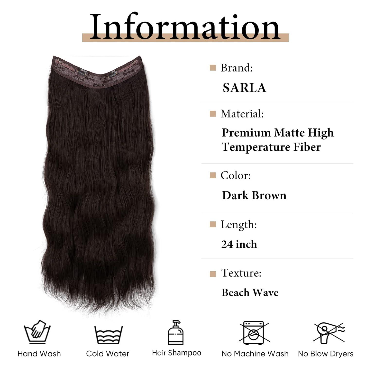 imageSARLA Invisible Wire Hair Extension with 3 Clips Synthetic Long Beach Wave Hairpiece Transparent Adjustable Headband for Women 24 Inch Medium Ash BrownDark Brown