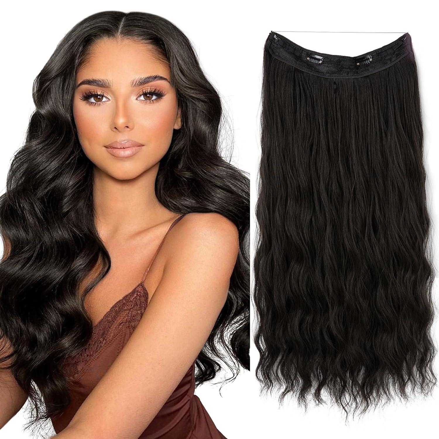 imageSARLA Invisible Wire Hair Extension with 3 Clips Synthetic Long Beach Wave Hairpiece Transparent Adjustable Headband for Women 24 Inch Medium Ash BrownBlack Brown