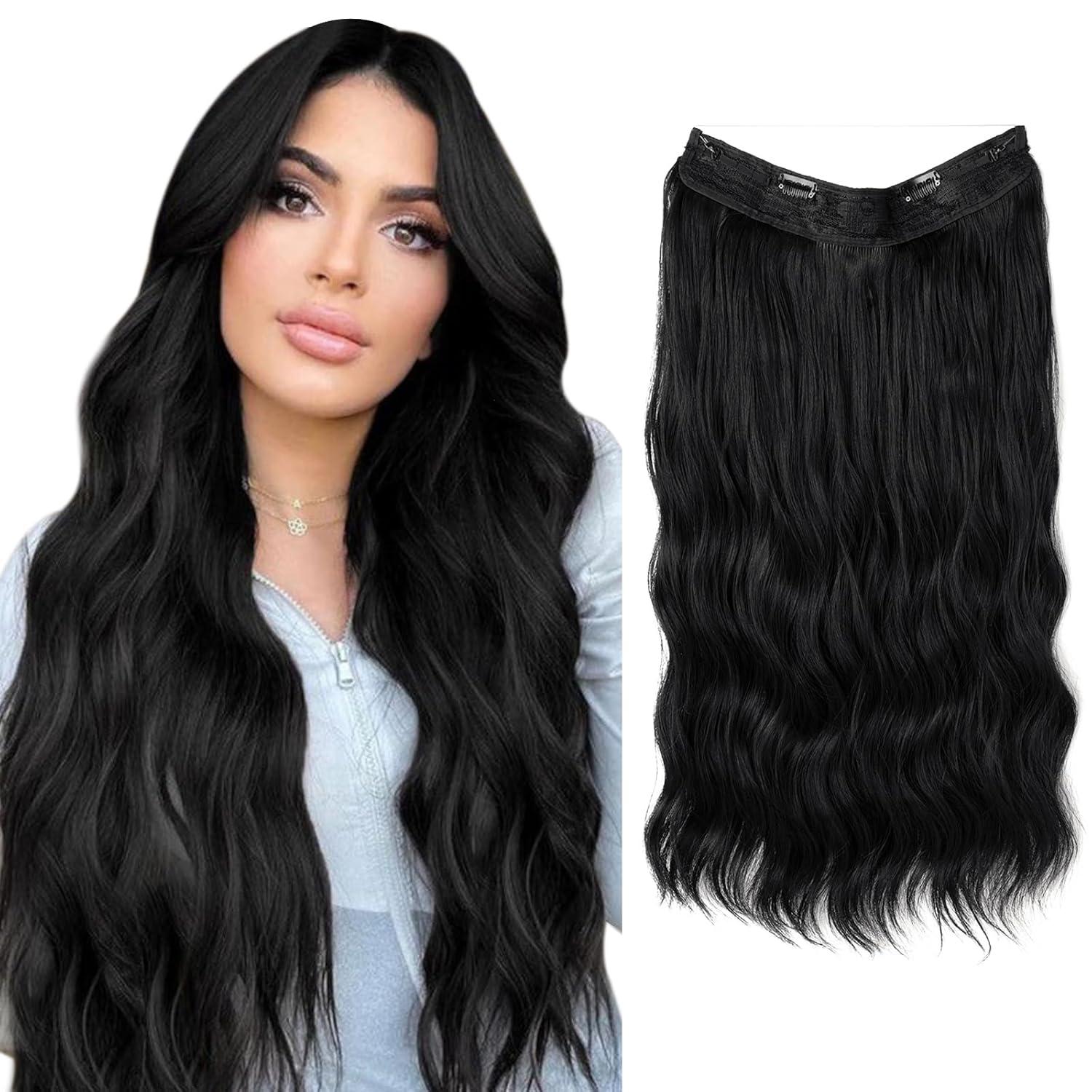 imageSARLA Invisible Wire Hair Extension with 3 Clips Synthetic Long Beach Wave Hairpiece Transparent Adjustable Headband for Women 24 Inch Medium Ash BrownJet Black