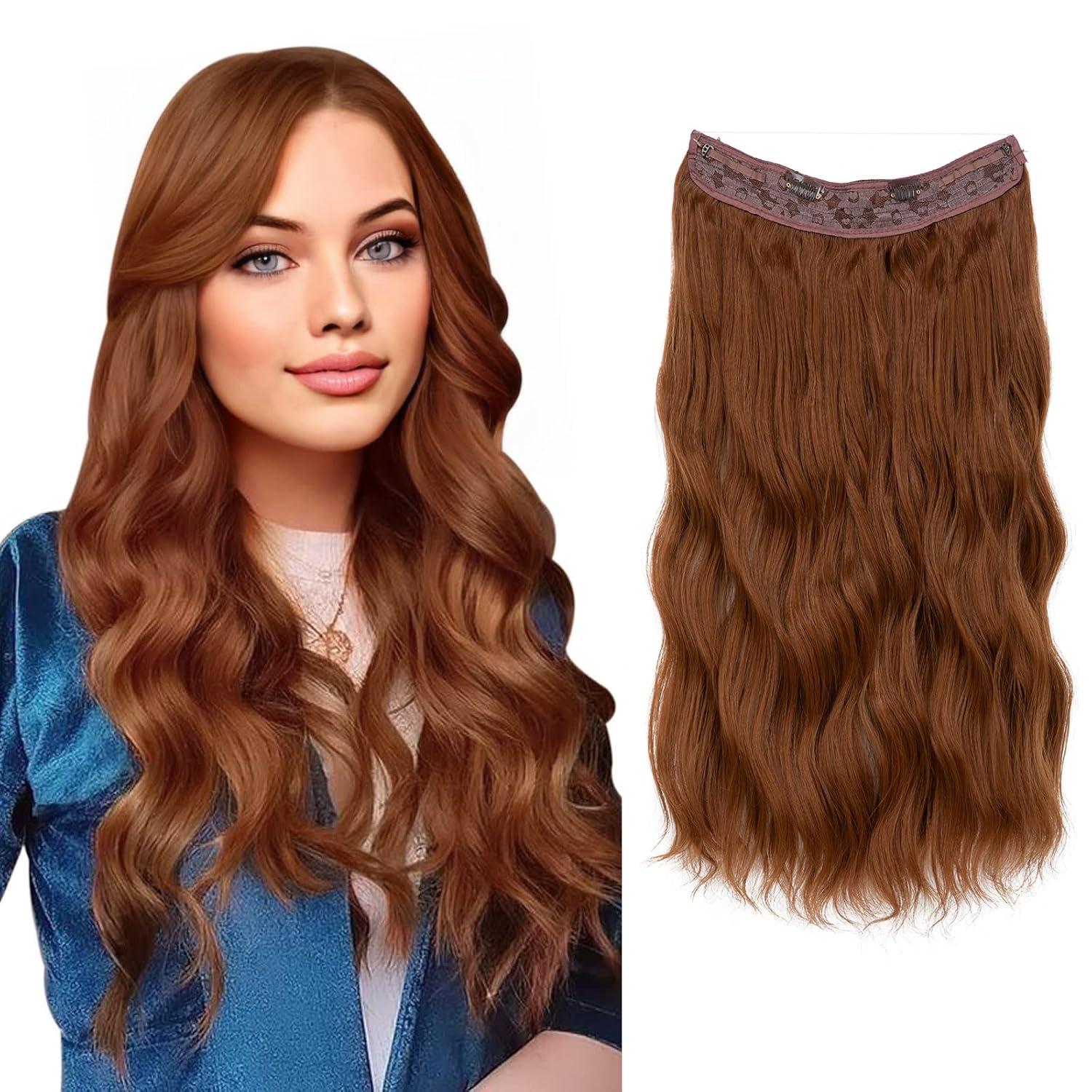 imageSARLA Invisible Wire Hair Extension with 3 Clips Synthetic Long Beach Wave Hairpiece Transparent Adjustable Headband for Women 24 Inch Medium Ash BrownLight Auburn