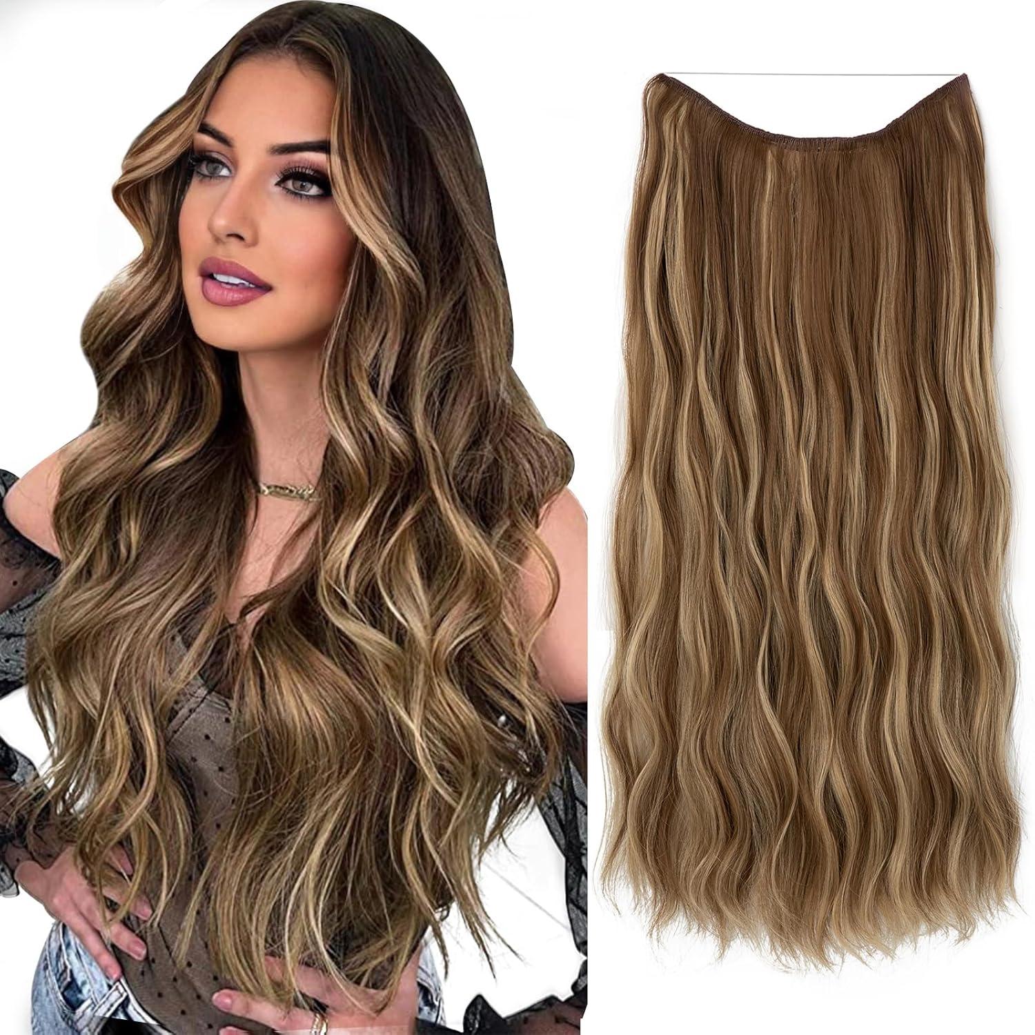 imageSARLA Invisible Wire Hair Extension with 3 Clips Synthetic Long Beach Wave Hairpiece Transparent Adjustable Headband for Women 24 Inch Medium Ash BrownMedium Ash Brown