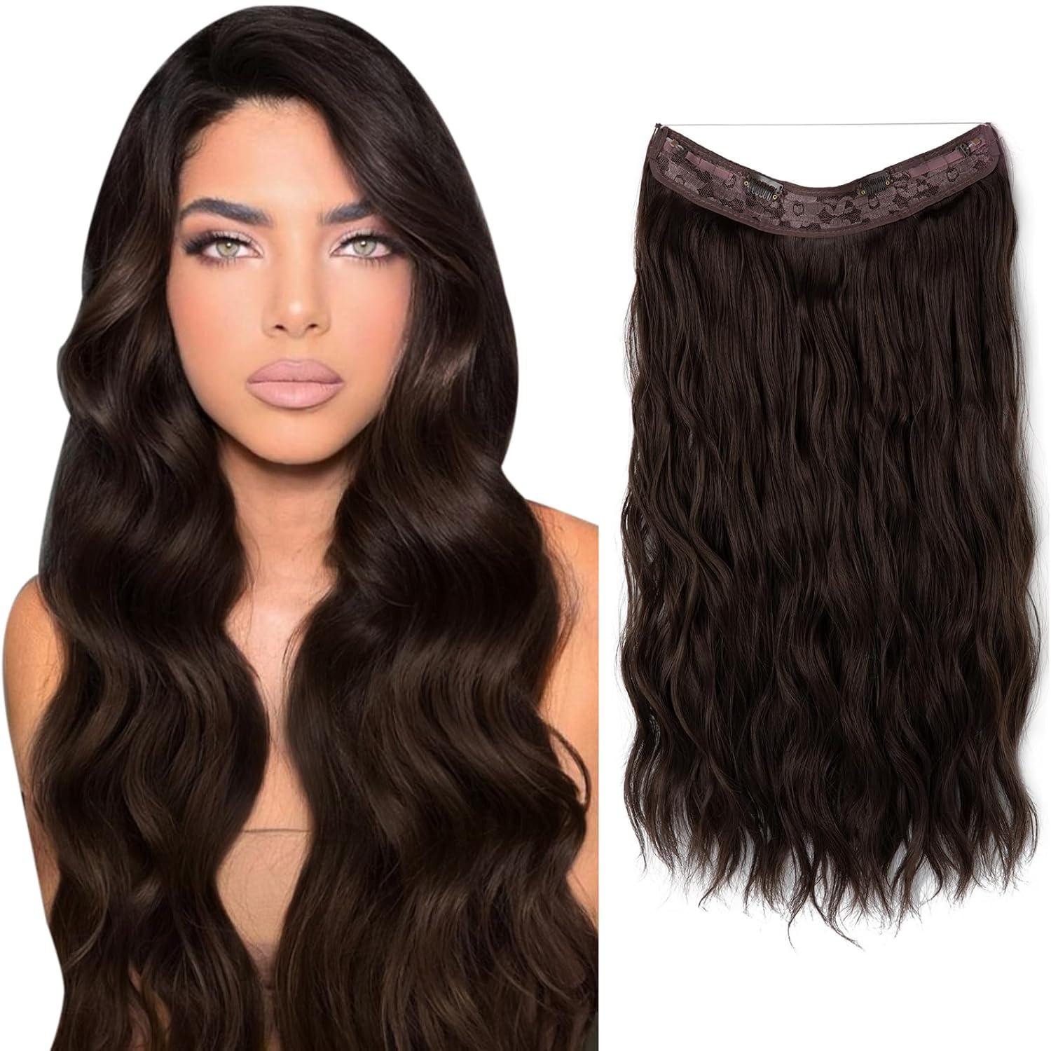 imageSARLA Invisible Wire Hair Extension with 3 Clips Synthetic Long Beach Wave Hairpiece Transparent Adjustable Headband for Women 24 Inch Medium Ash BrownDark Brown