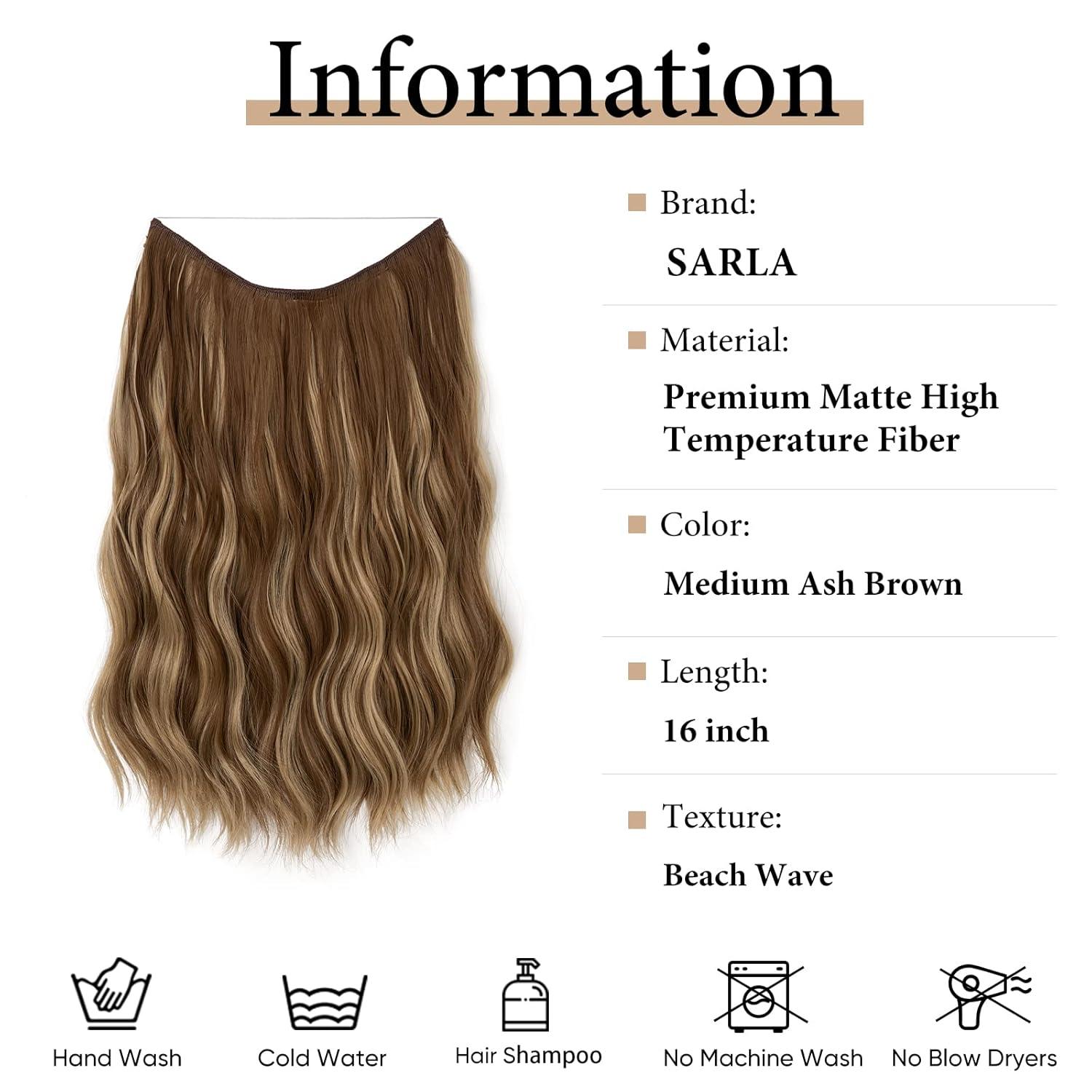 imageSARLA Invisible Wire Hair Extension with 3 Clips Synthetic Long Beach Wave Hairpiece Transparent Adjustable Headband for Women 24 Inch Medium Ash BrownMedium Ash Brown