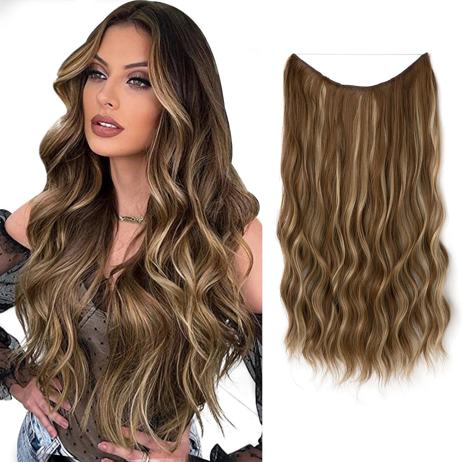 imageSARLA Invisible Wire Hair Extension with 3 Clips Synthetic Long Beach Wave Hairpiece Transparent Adjustable Headband for Women 24 Inch Medium Ash BrownMedium Ash Brown