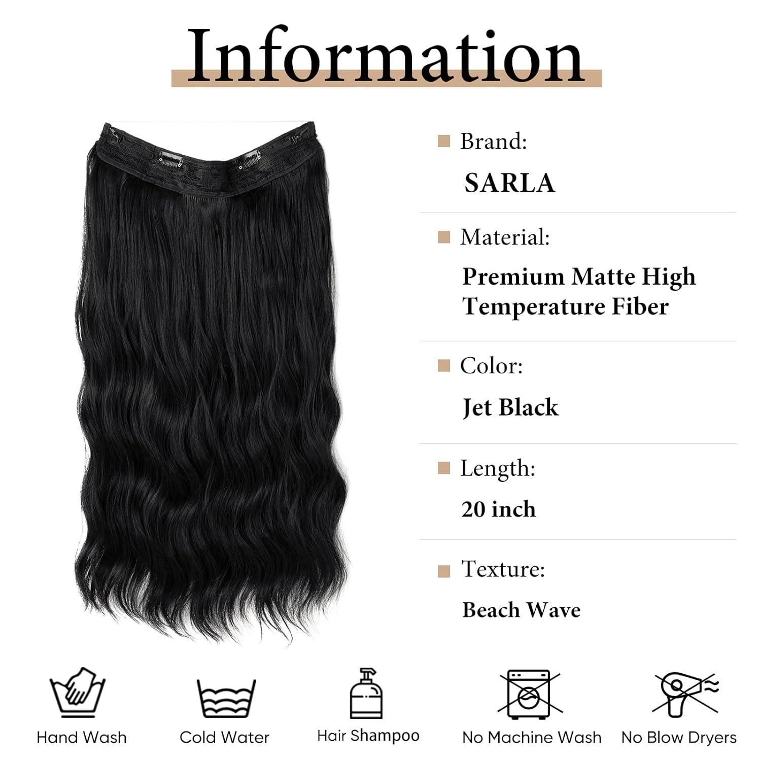imageSARLA Invisible Wire Hair Extension with 3 Clips Synthetic Long Beach Wave Hairpiece Transparent Adjustable Headband for Women 24 Inch Medium Ash BrownJet Black