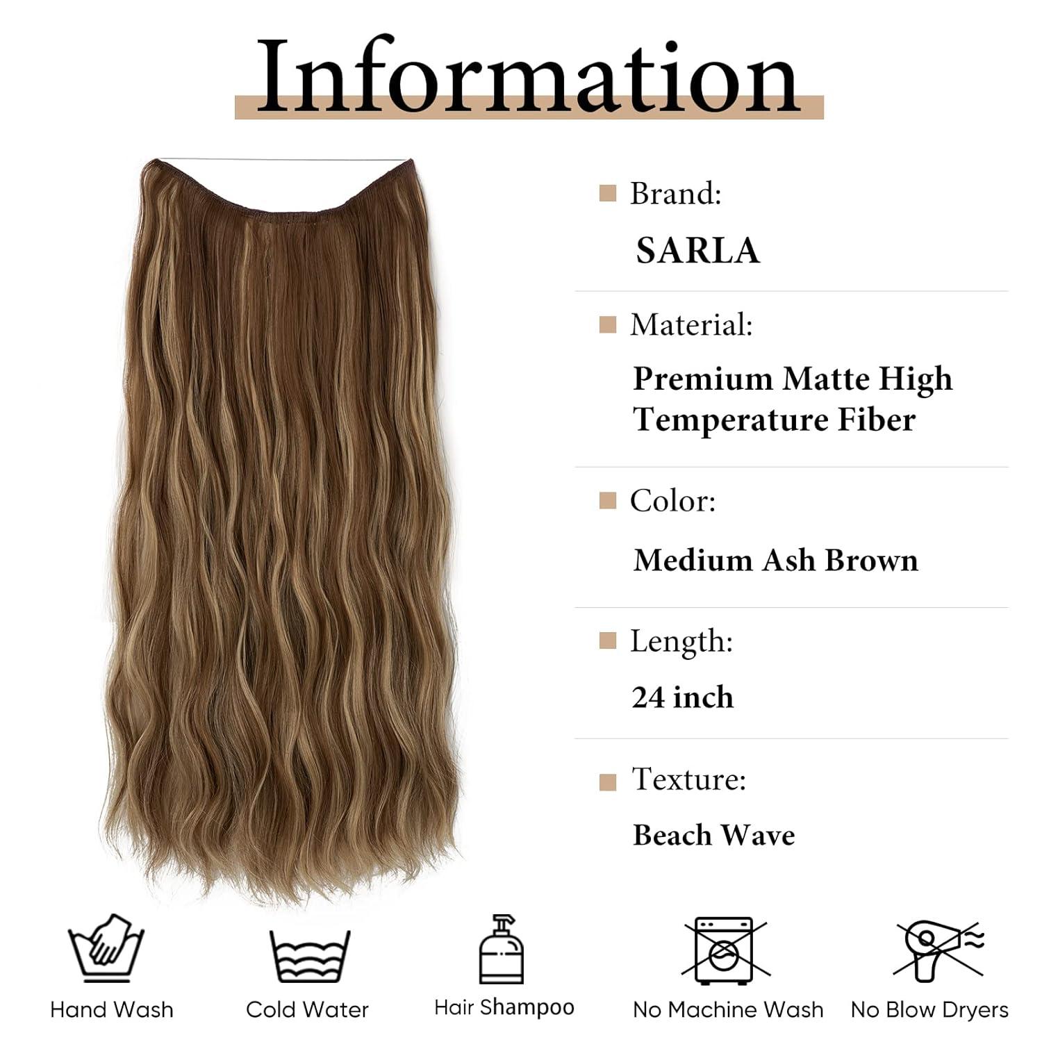 imageSARLA Invisible Wire Hair Extension with 3 Clips Synthetic Long Beach Wave Hairpiece Transparent Adjustable Headband for Women 24 Inch Medium Ash BrownMedium Ash Brown