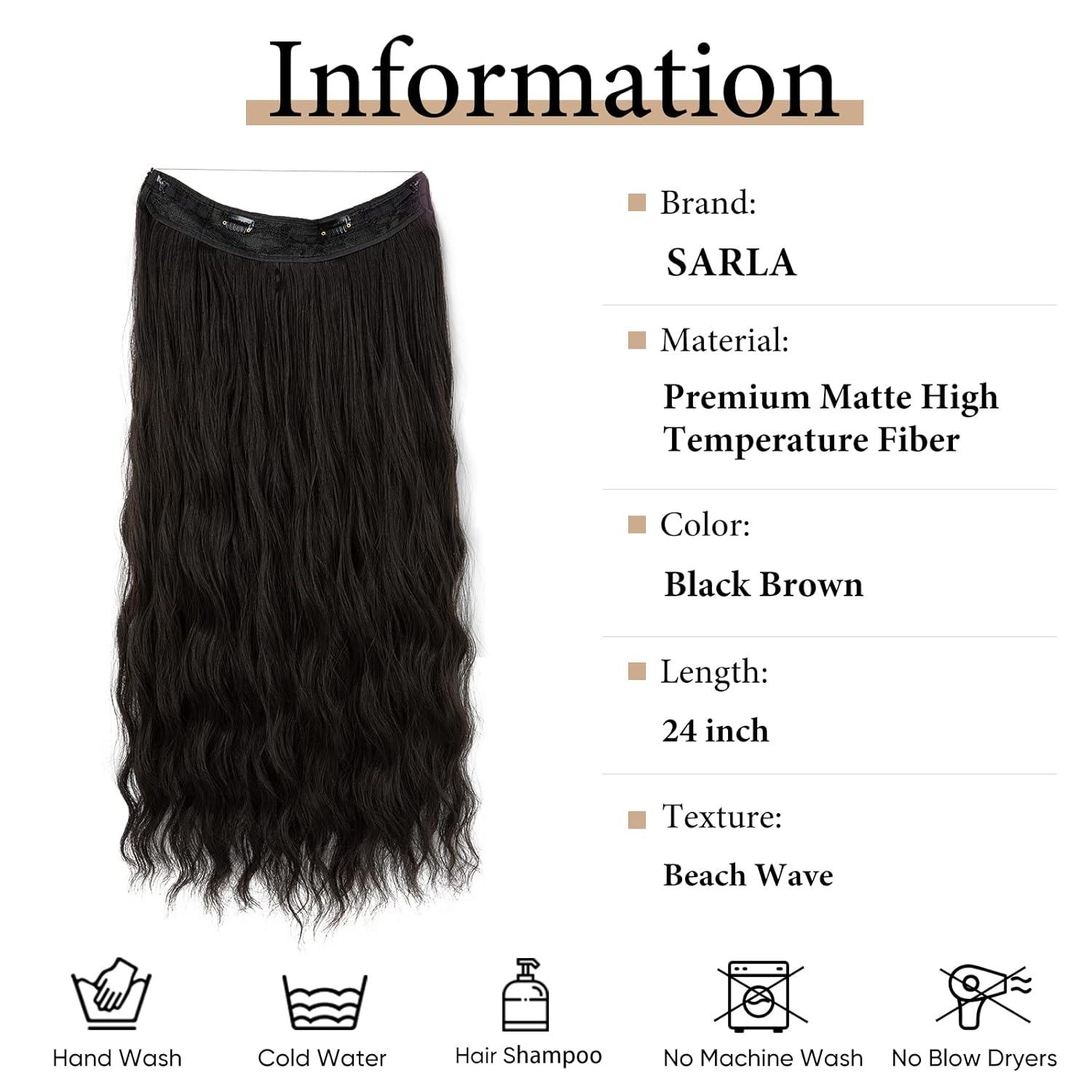 imageSARLA Invisible Wire Hair Extension with 3 Clips Synthetic Long Beach Wave Hairpiece Transparent Adjustable Headband for Women 24 Inch Medium Ash BrownBlack Brown