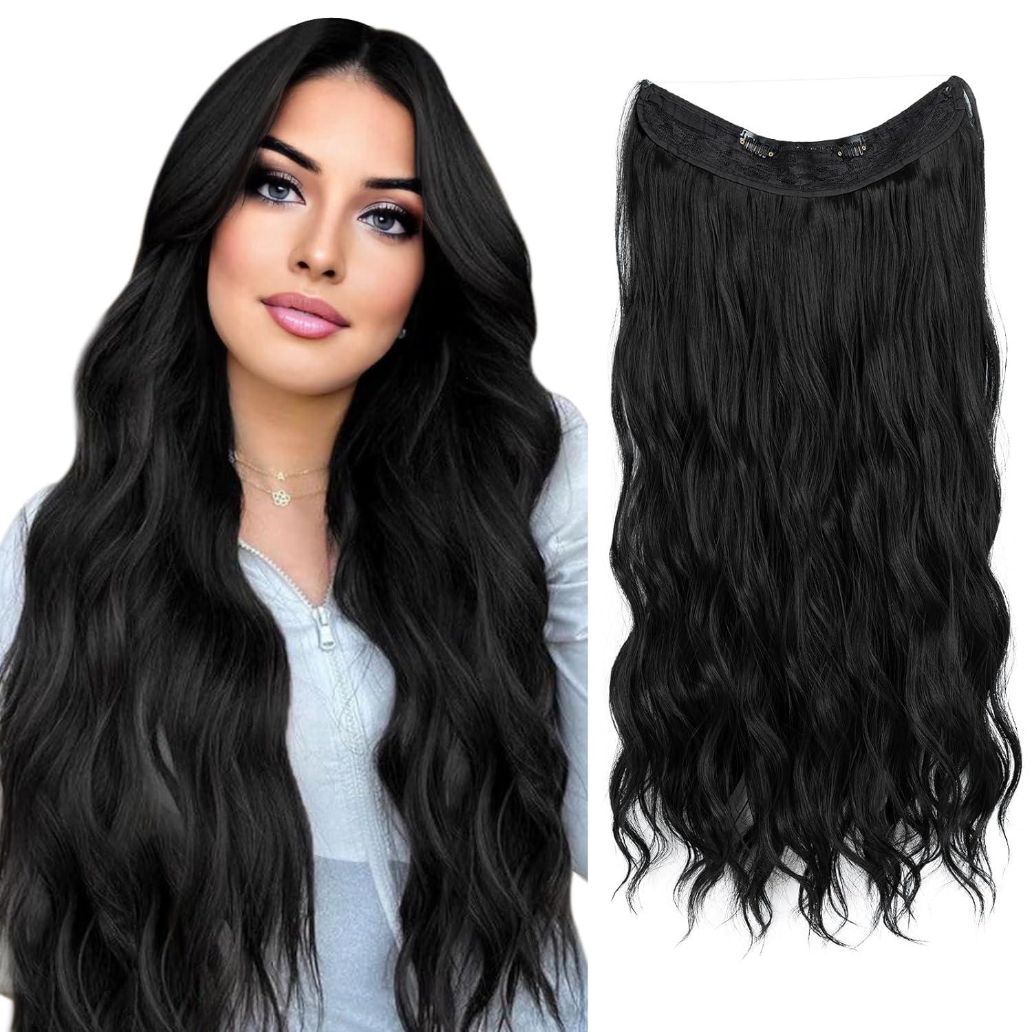 imageSARLA Invisible Wire Hair Extension with 3 Clips Synthetic Long Beach Wave Hairpiece Transparent Adjustable Headband for Women 24 Inch Medium Ash BrownJet Black