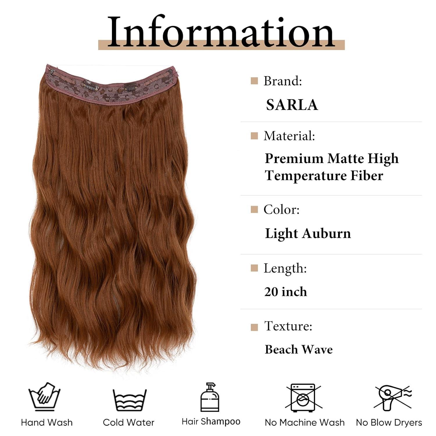 imageSARLA Invisible Wire Hair Extension with 3 Clips Synthetic Long Beach Wave Hairpiece Transparent Adjustable Headband for Women 24 Inch Medium Ash BrownLight Auburn