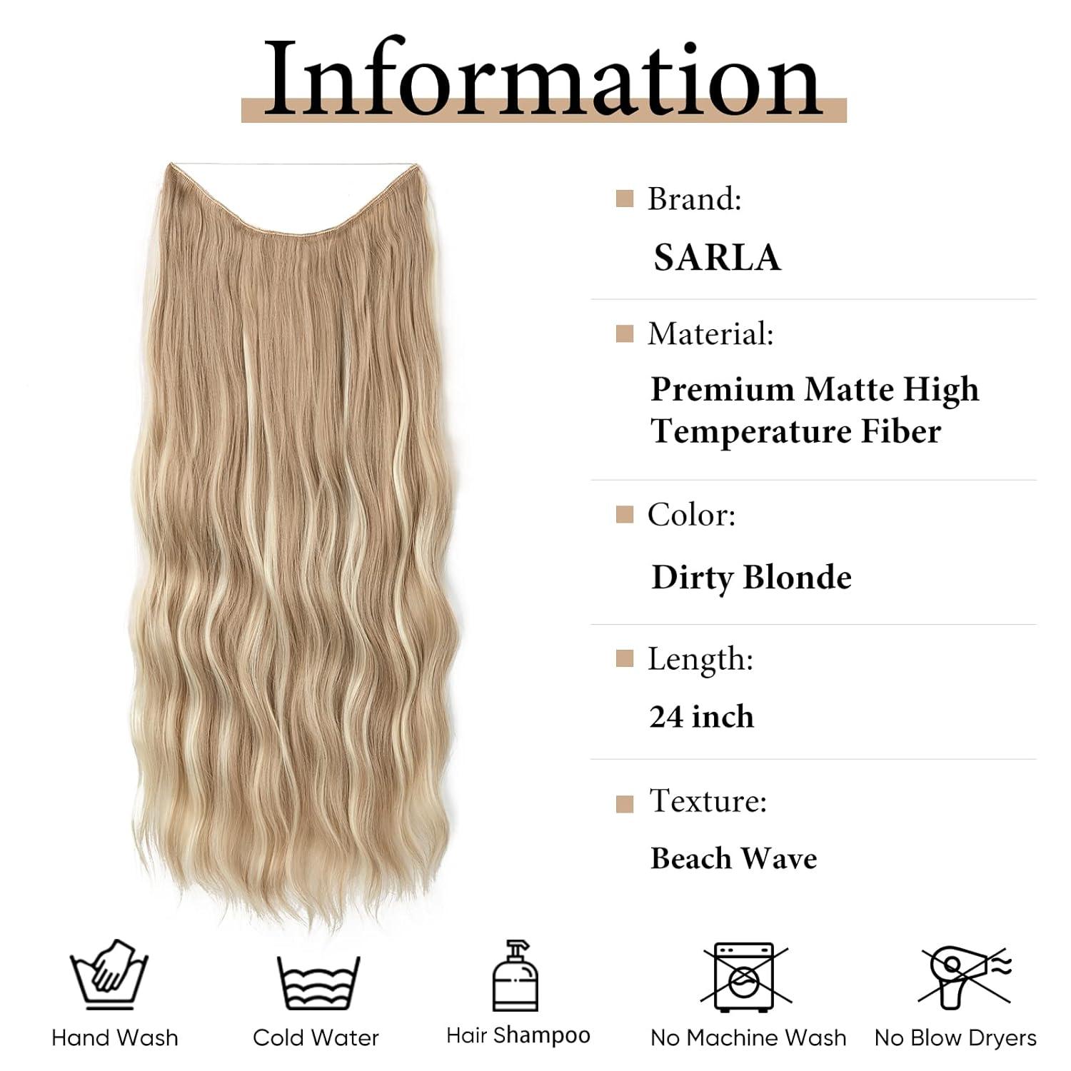 imageSARLA Invisible Wire Hair Extension with 3 Clips Synthetic Long Beach Wave Hairpiece Transparent Adjustable Headband for Women 24 Inch Medium Ash BrownDirty Blonde