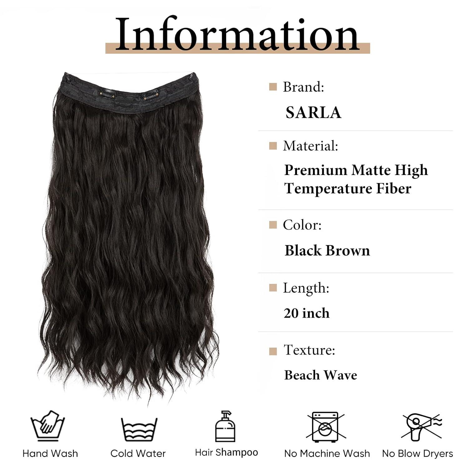 imageSARLA Invisible Wire Hair Extension with 3 Clips Synthetic Long Beach Wave Hairpiece Transparent Adjustable Headband for Women 24 Inch Medium Ash BrownBlack Brown