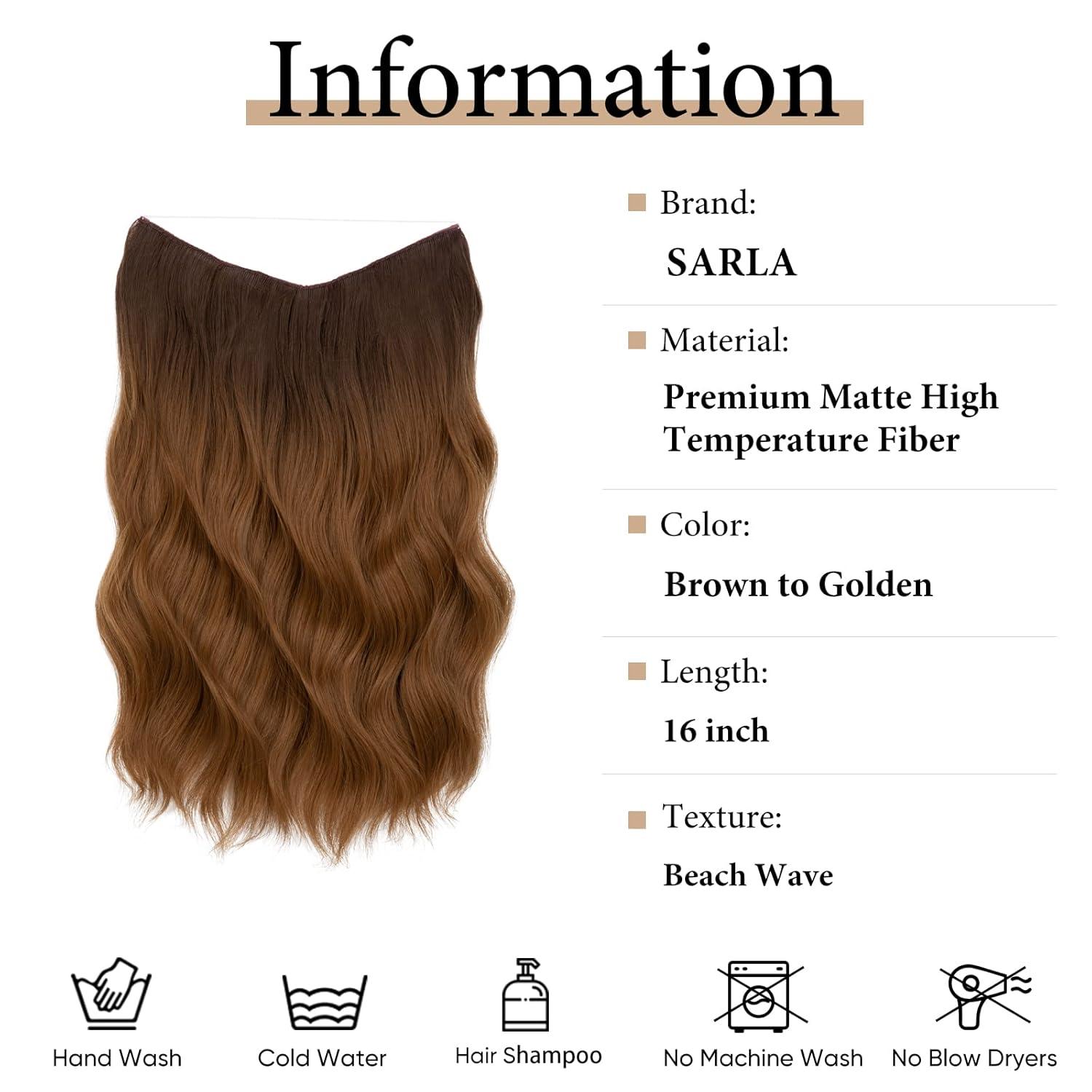 imageSARLA Invisible Wire Hair Extension with 3 Clips Synthetic Long Beach Wave Hairpiece Transparent Adjustable Headband for Women 24 Inch Medium Ash BrownBrown to Golden