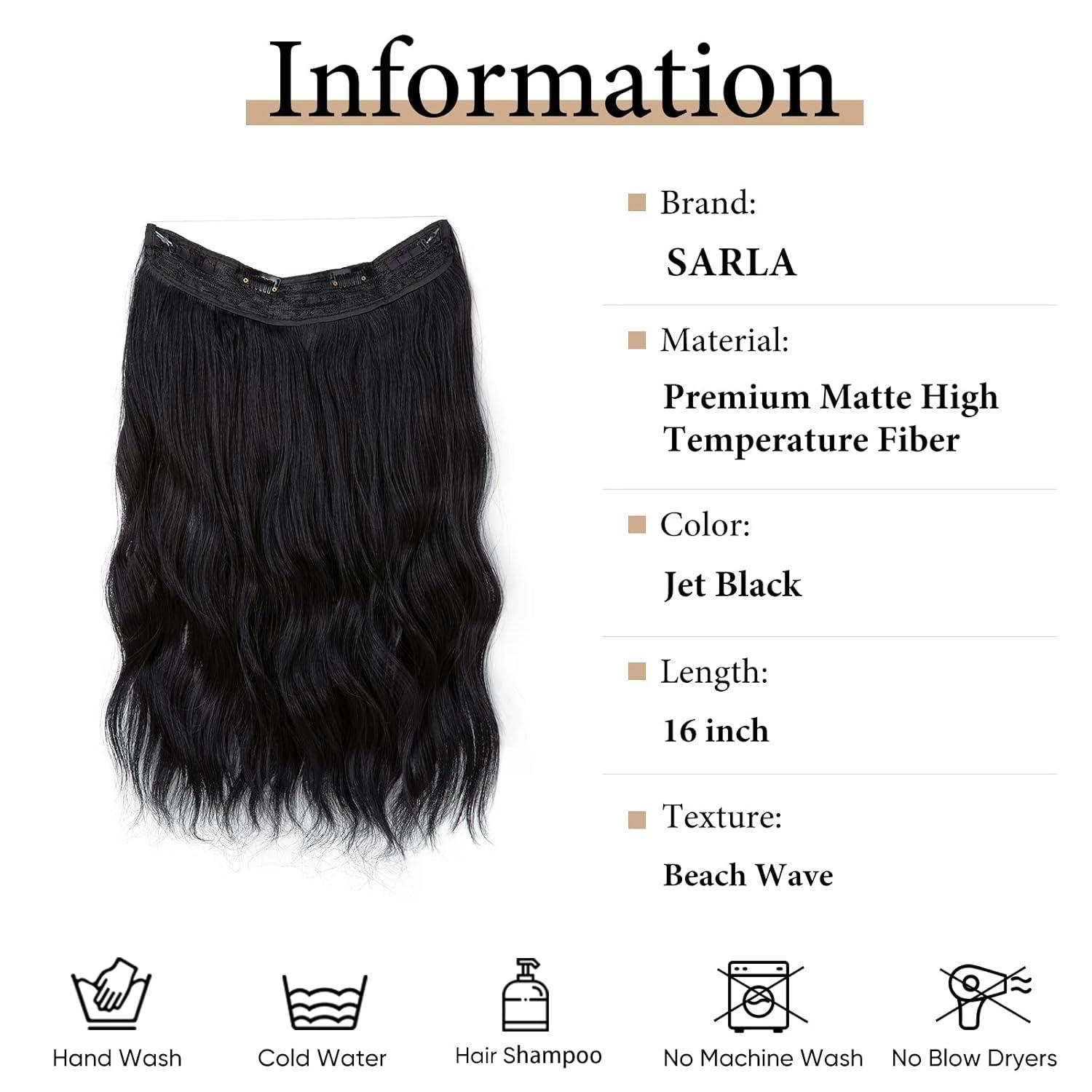 imageSARLA Invisible Wire Hair Extension with 3 Clips Synthetic Long Beach Wave Hairpiece Transparent Adjustable Headband for Women 24 Inch Medium Ash BrownJet Black