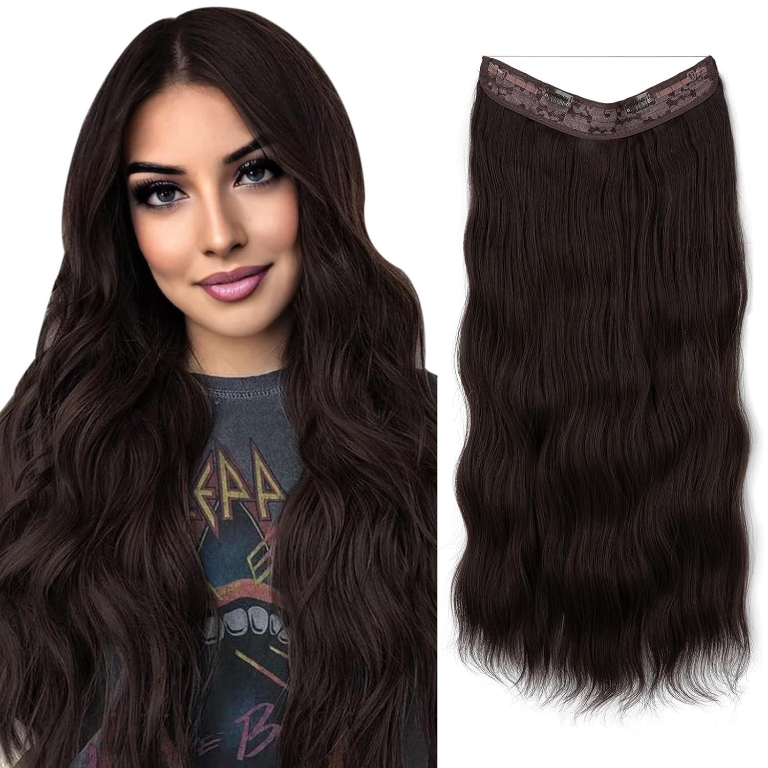 imageSARLA Invisible Wire Hair Extension with 3 Clips Synthetic Long Beach Wave Hairpiece Transparent Adjustable Headband for Women 24 Inch Medium Ash BrownDark Brown