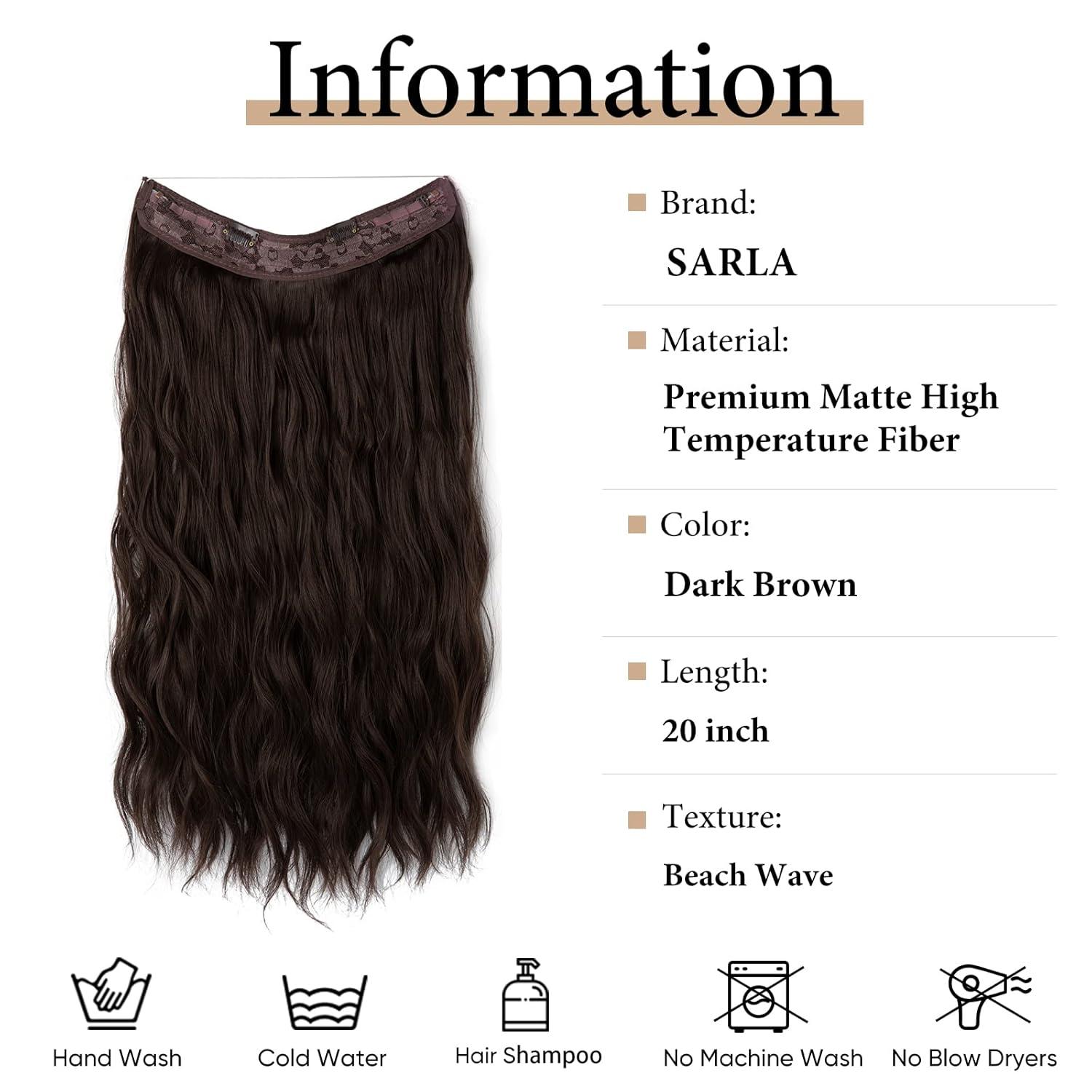 imageSARLA Invisible Wire Hair Extension with 3 Clips Synthetic Long Beach Wave Hairpiece Transparent Adjustable Headband for Women 24 Inch Medium Ash BrownDark Brown