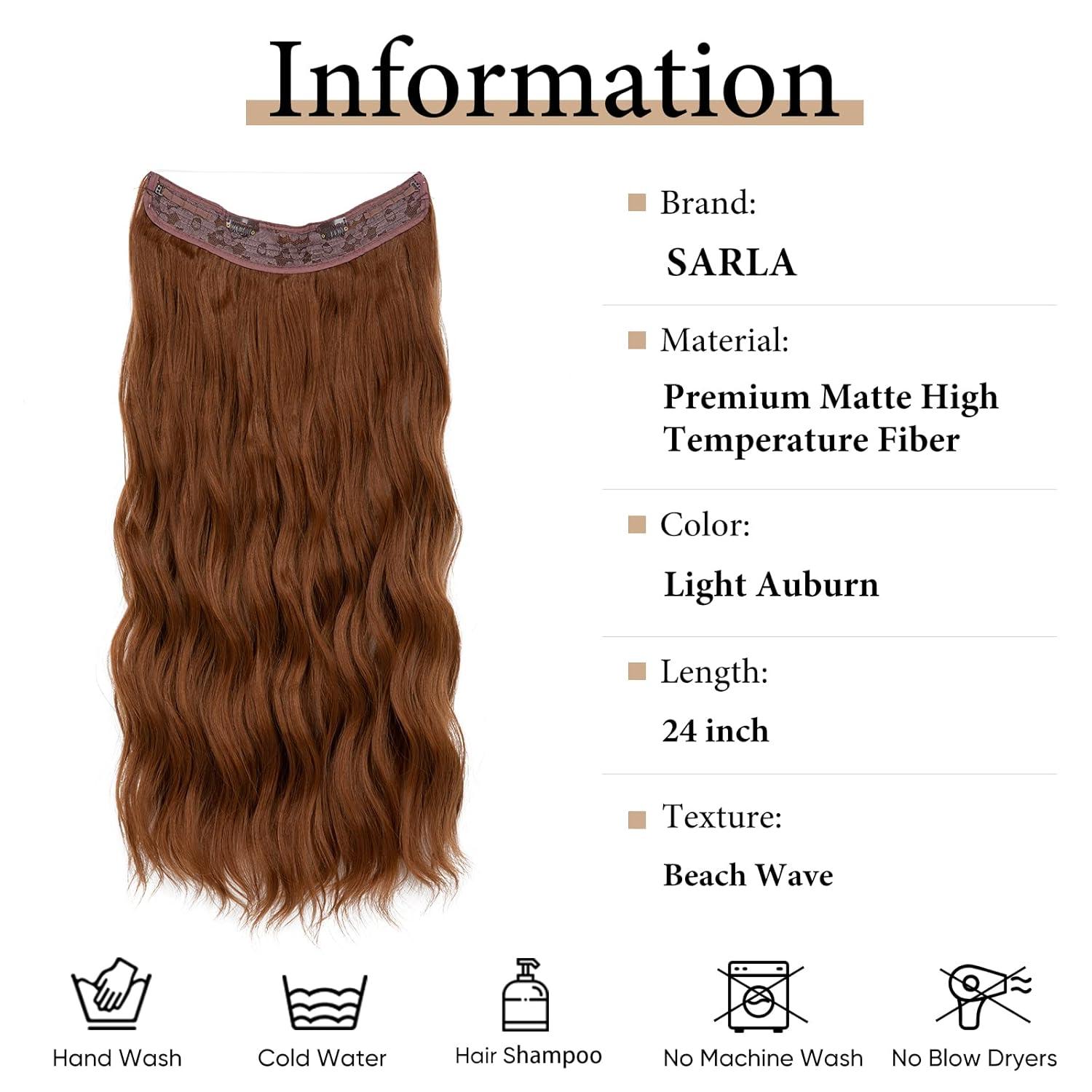 imageSARLA Invisible Wire Hair Extension with 3 Clips Synthetic Long Beach Wave Hairpiece Transparent Adjustable Headband for Women 24 Inch Medium Ash BrownLight Auburn