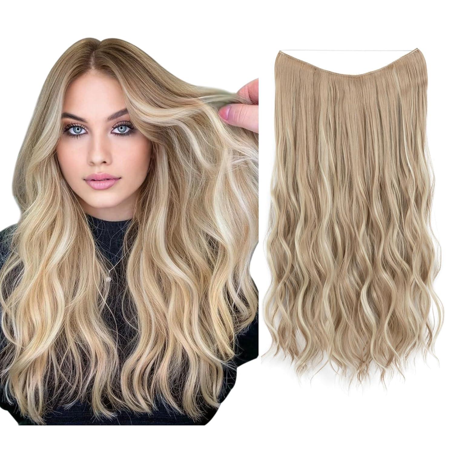 imageSARLA Invisible Wire Hair Extension with 3 Clips Synthetic Long Beach Wave Hairpiece Transparent Adjustable Headband for Women 24 Inch Medium Ash BrownDirty Blonde