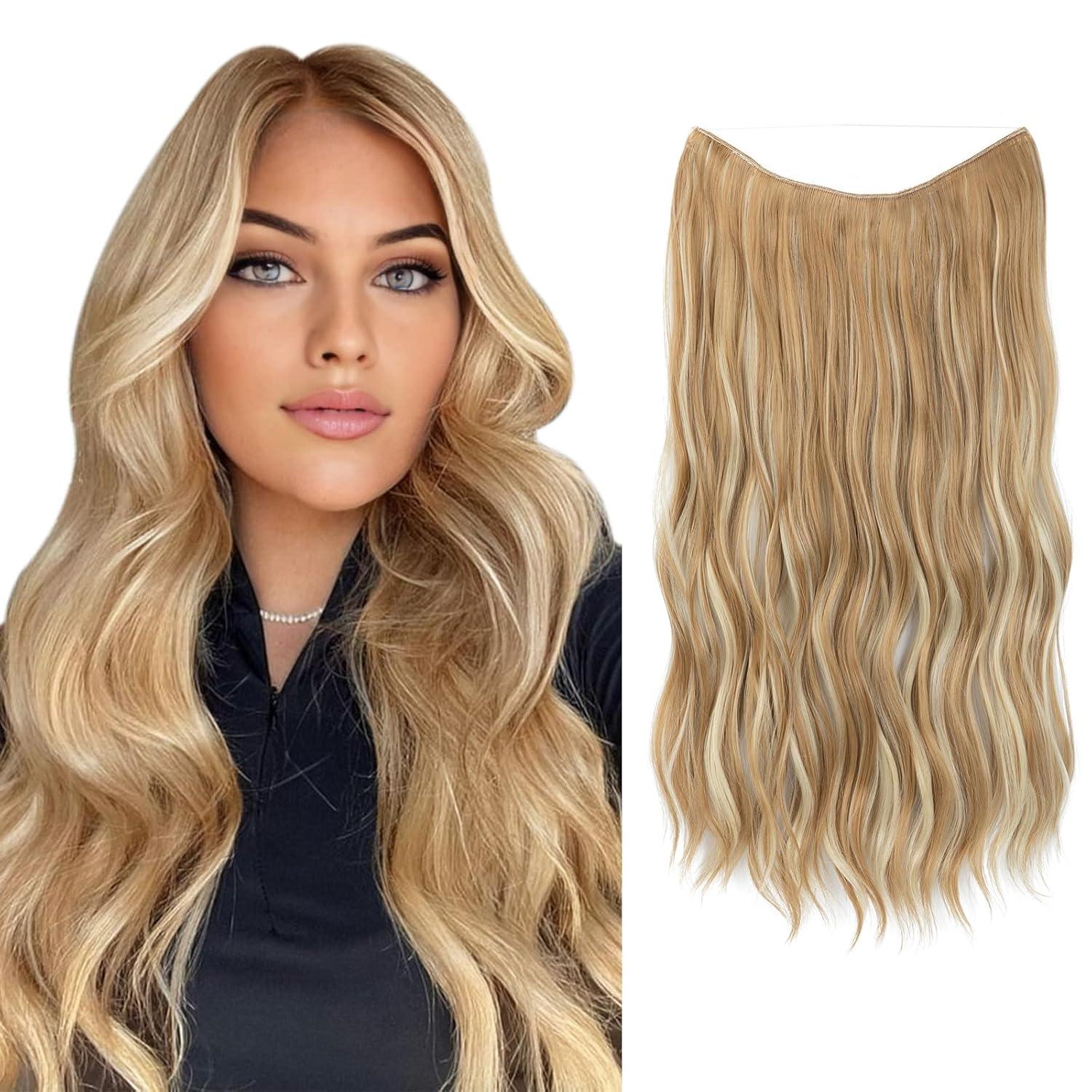 imageSARLA Invisible Wire Hair Extension with 3 Clips Synthetic Long Beach Wave Hairpiece Transparent Adjustable Headband for Women 24 Inch Medium Ash BrownHoney Blonde Bleach Blonde
