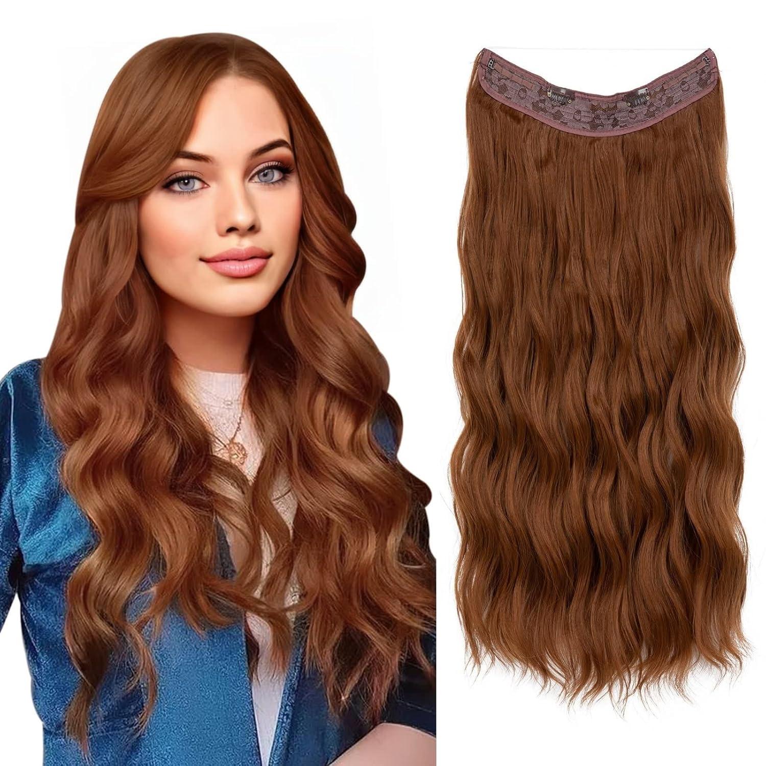 imageSARLA Invisible Wire Hair Extension with 3 Clips Synthetic Long Beach Wave Hairpiece Transparent Adjustable Headband for Women 24 Inch Medium Ash BrownLight Auburn