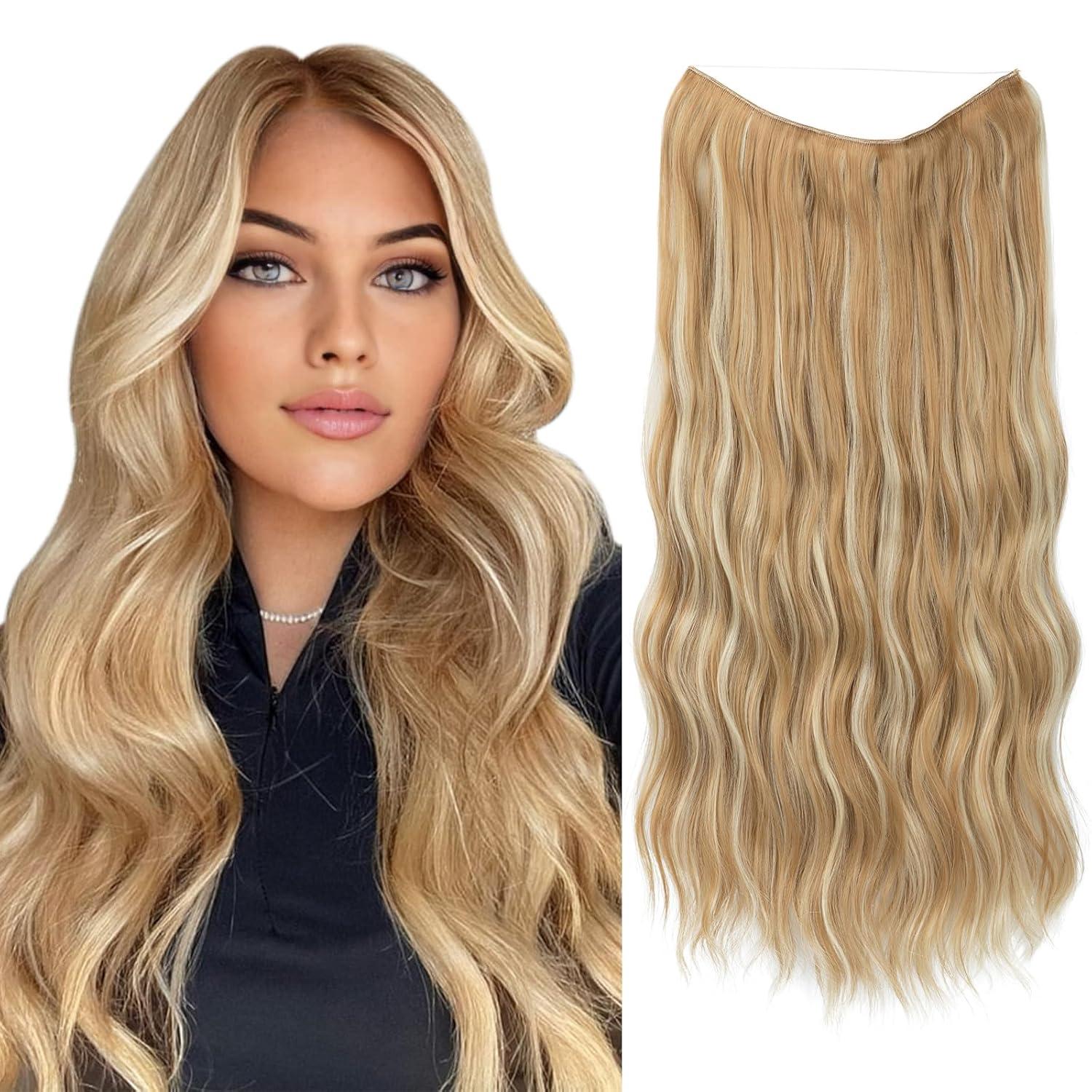 imageSARLA Invisible Wire Hair Extension with 3 Clips Synthetic Long Beach Wave Hairpiece Transparent Adjustable Headband for Women 24 Inch Medium Ash BrownHoney Blonde Bleach Blonde