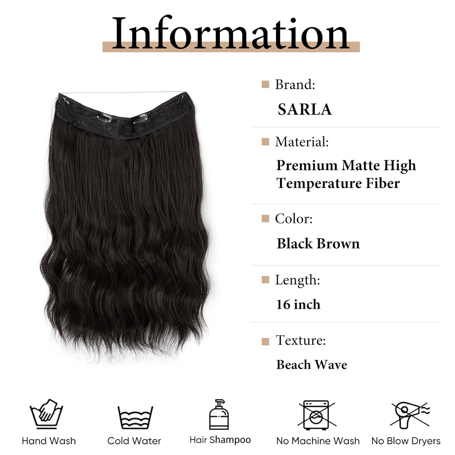 imageSARLA Invisible Wire Hair Extension with 3 Clips Synthetic Long Beach Wave Hairpiece Transparent Adjustable Headband for Women 24 Inch Medium Ash BrownBlack Brown