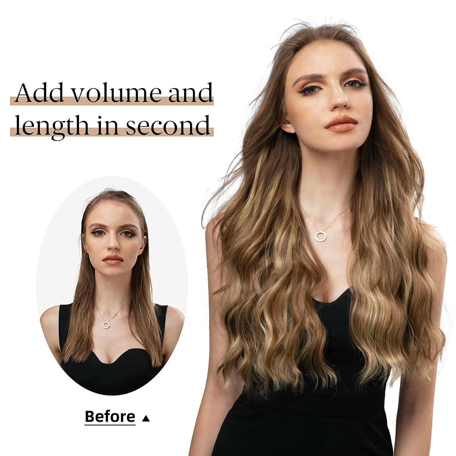 imageSARLA Invisible Wire Hair Extension with 3 Clips Synthetic Long Beach Wave Hairpiece Transparent Adjustable Headband for Women 24 Inch Medium Ash BrownJet Black